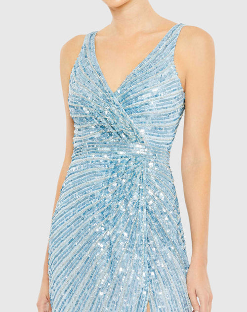 Sequined Faux Wrap Sleeveless Gown