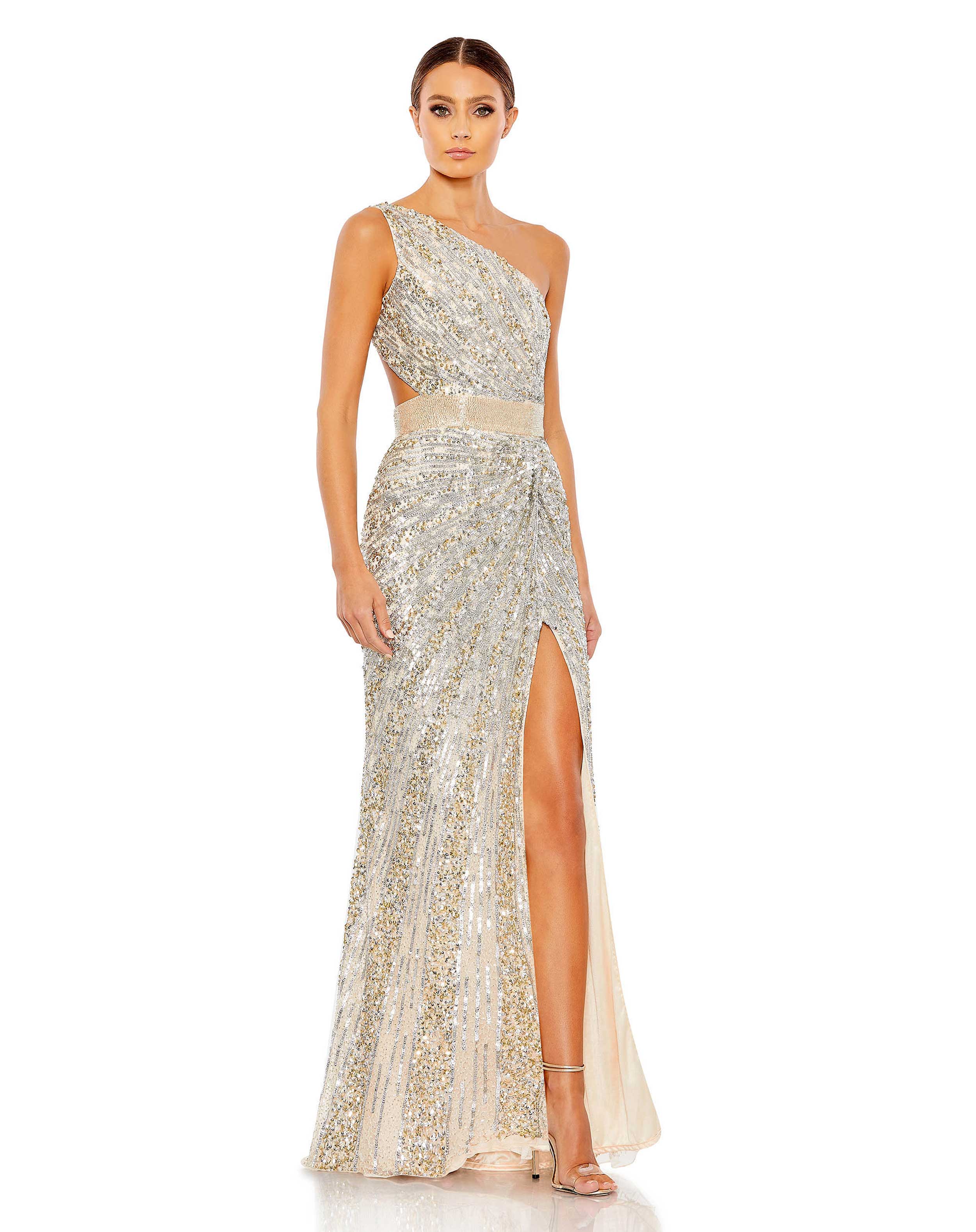 Sequined One Shoulder Draped Lace Up Gown