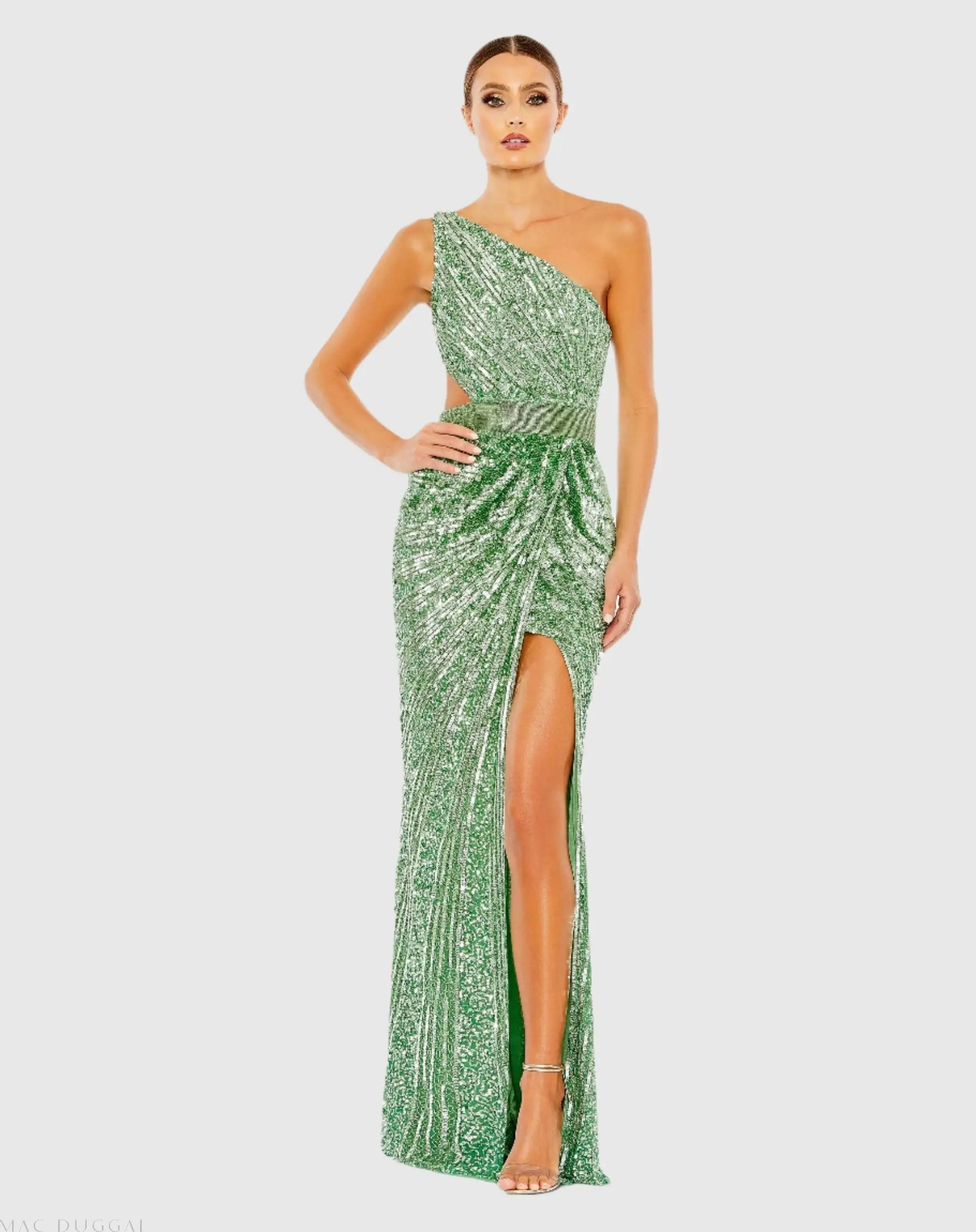 Green Sequined One Shoulder Draped Lace Up Gown - Mac Duggal Green Sequined One Shoulder Draped Lace Up Gown - Mac Duggal