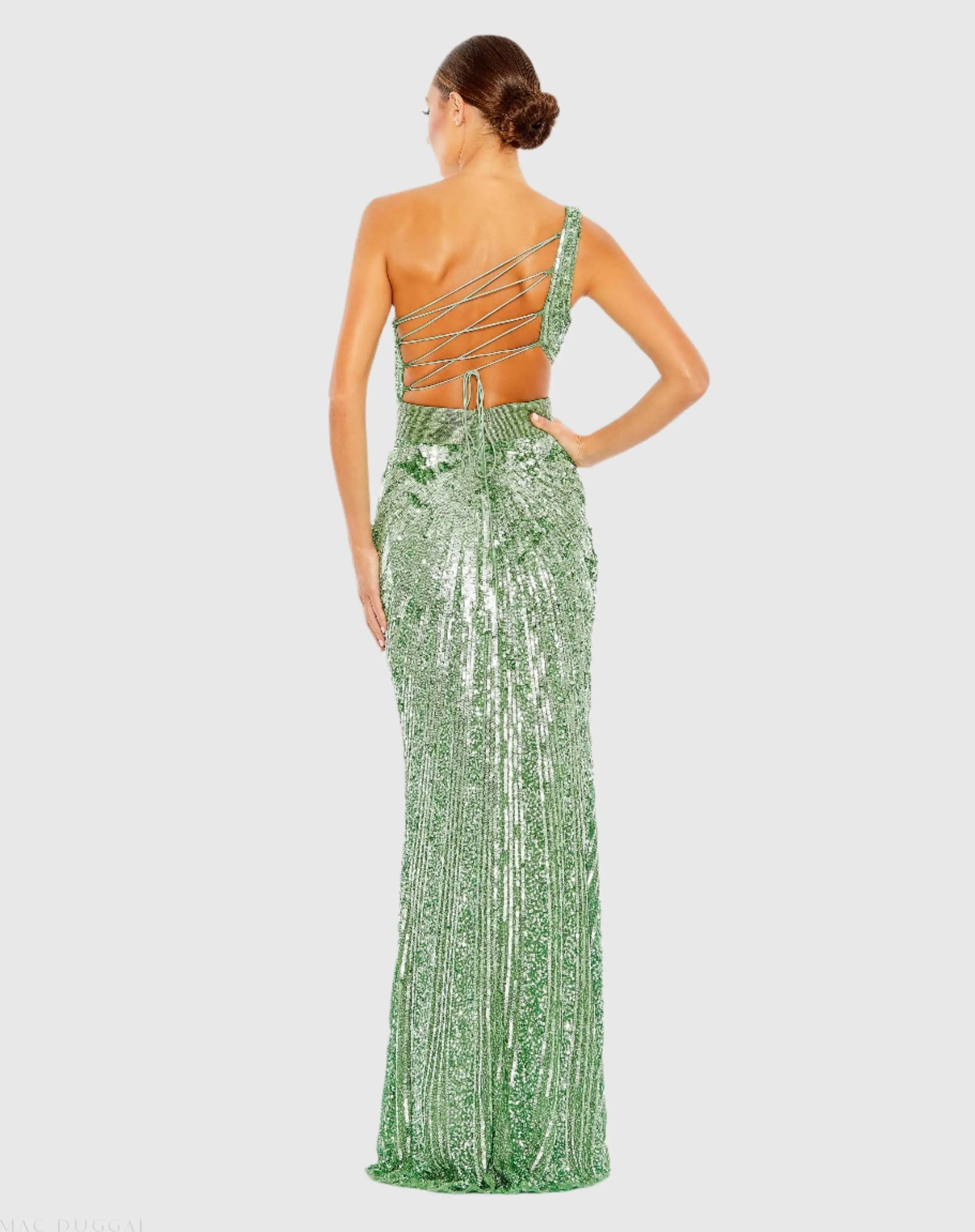 Green Sequined One Shoulder Draped Lace Up Gown - Mac Duggal Green Sequined One Shoulder Draped Lace Up Gown - Mac Duggal
