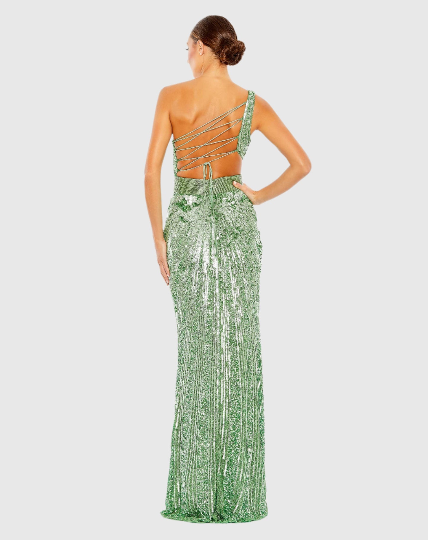 Sequined One Shoulder Draped Lace Up Gown