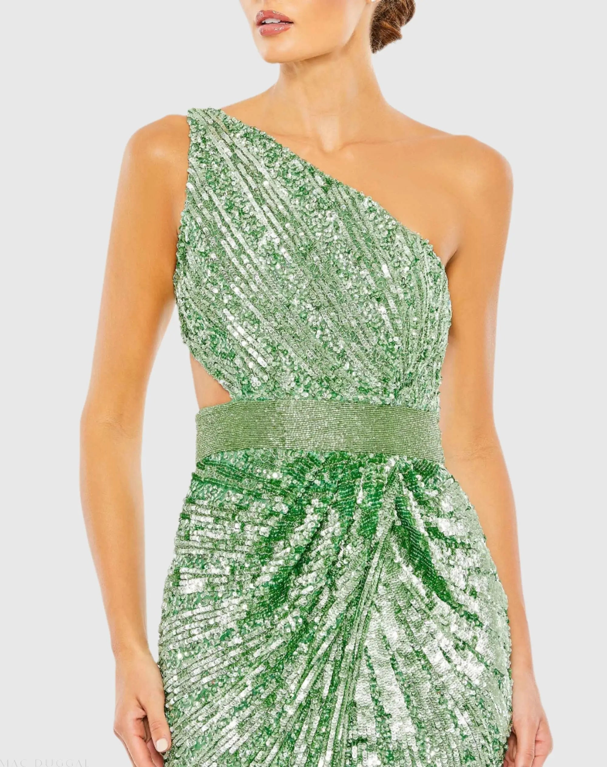Green Sequined One Shoulder Draped Lace Up Gown - Mac Duggal