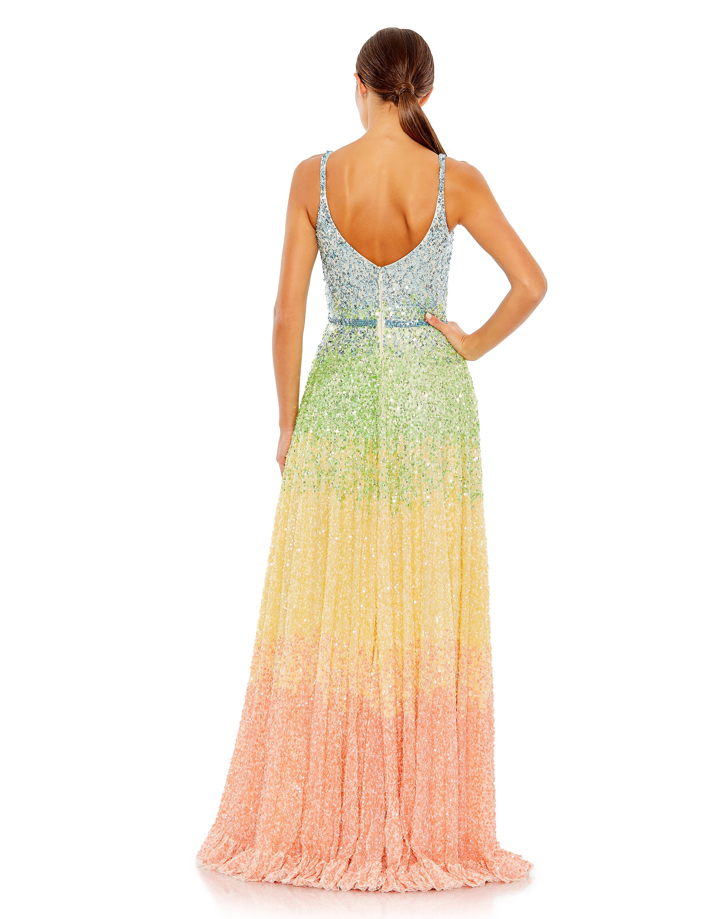 Sequined Rainbow Sleeveless High Low Gown