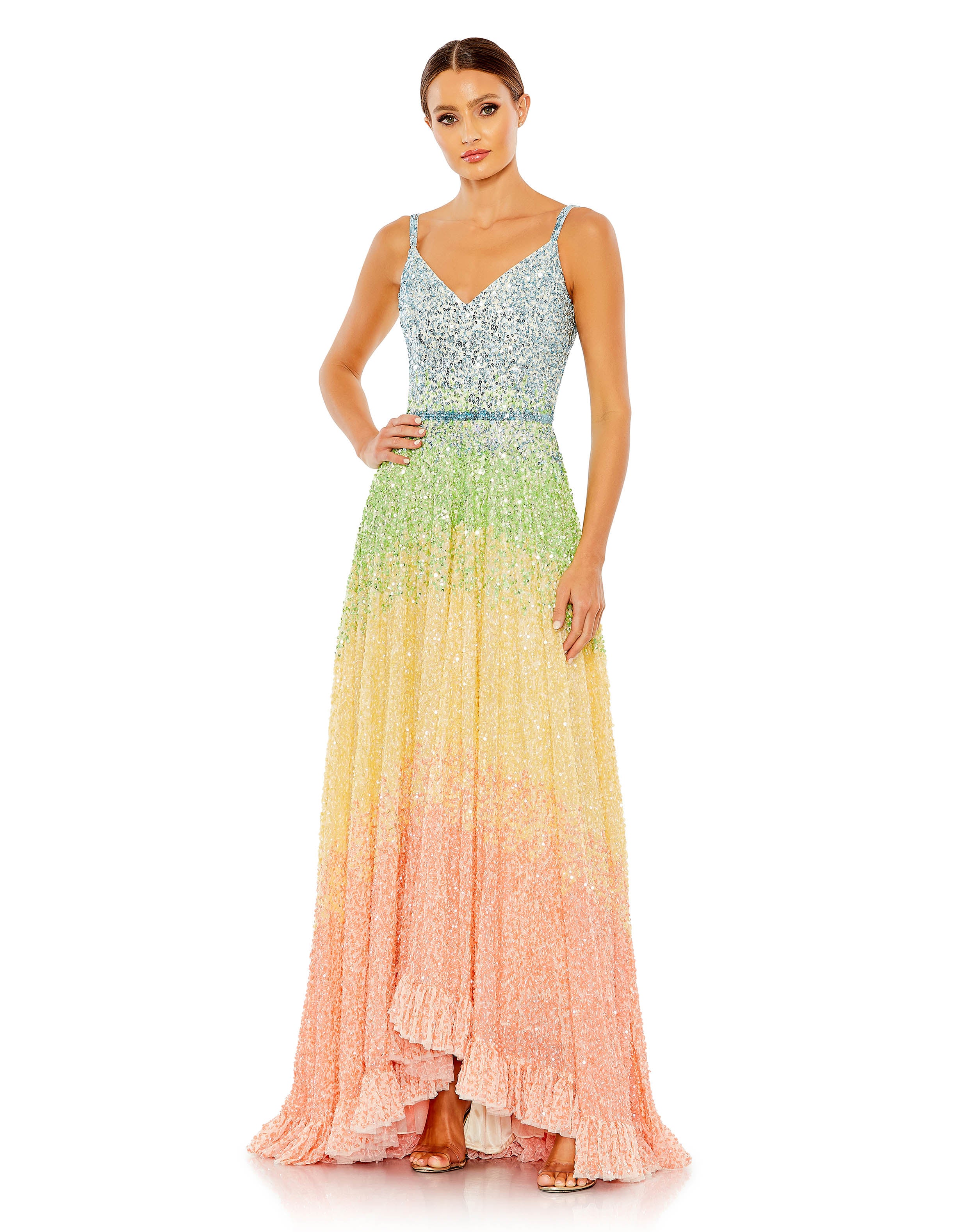 Sequined Rainbow Sleeveless High Low Gown