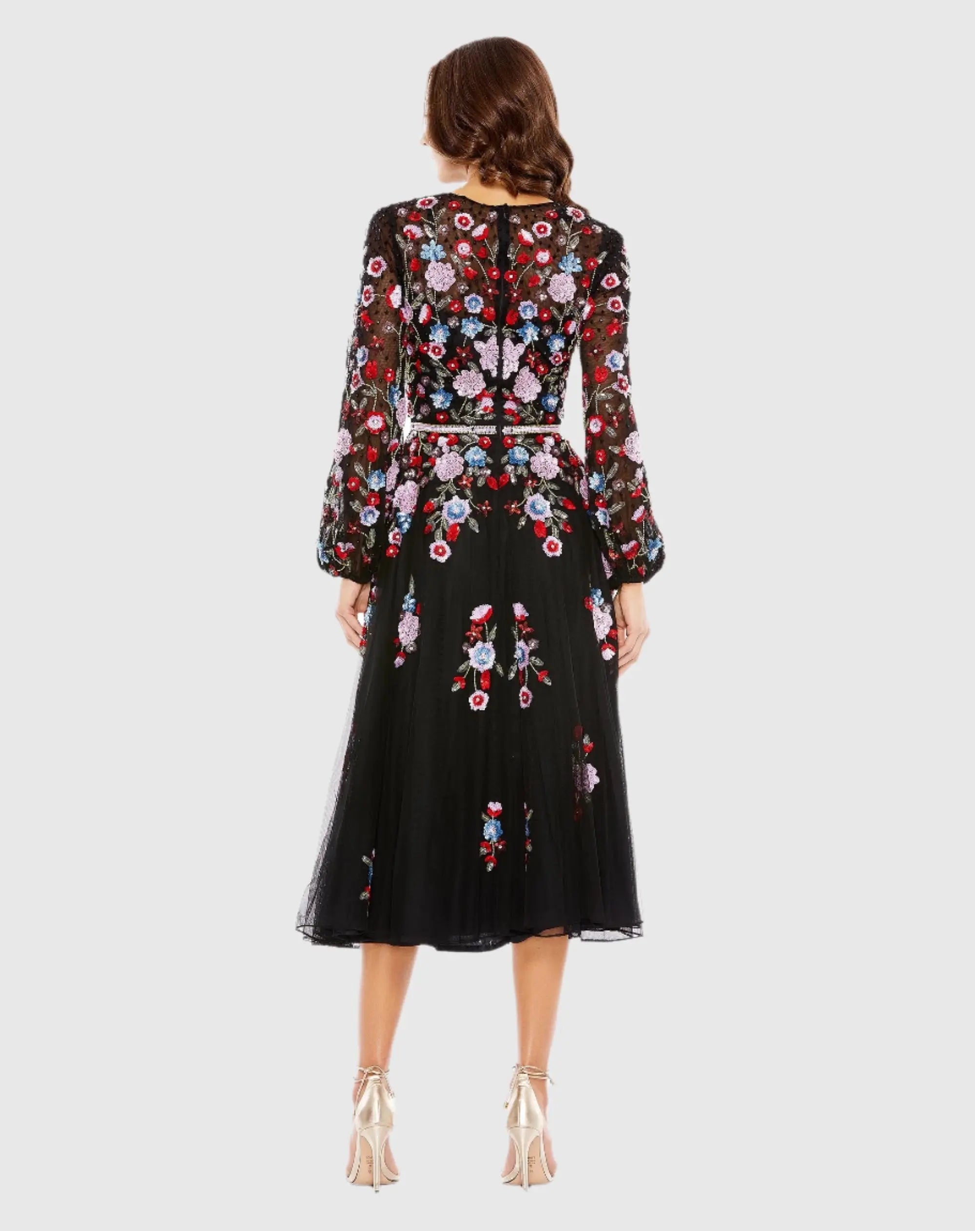 Sequined Floral High Neck Puff Sleeve Cocktail Dress - Mac Duggal