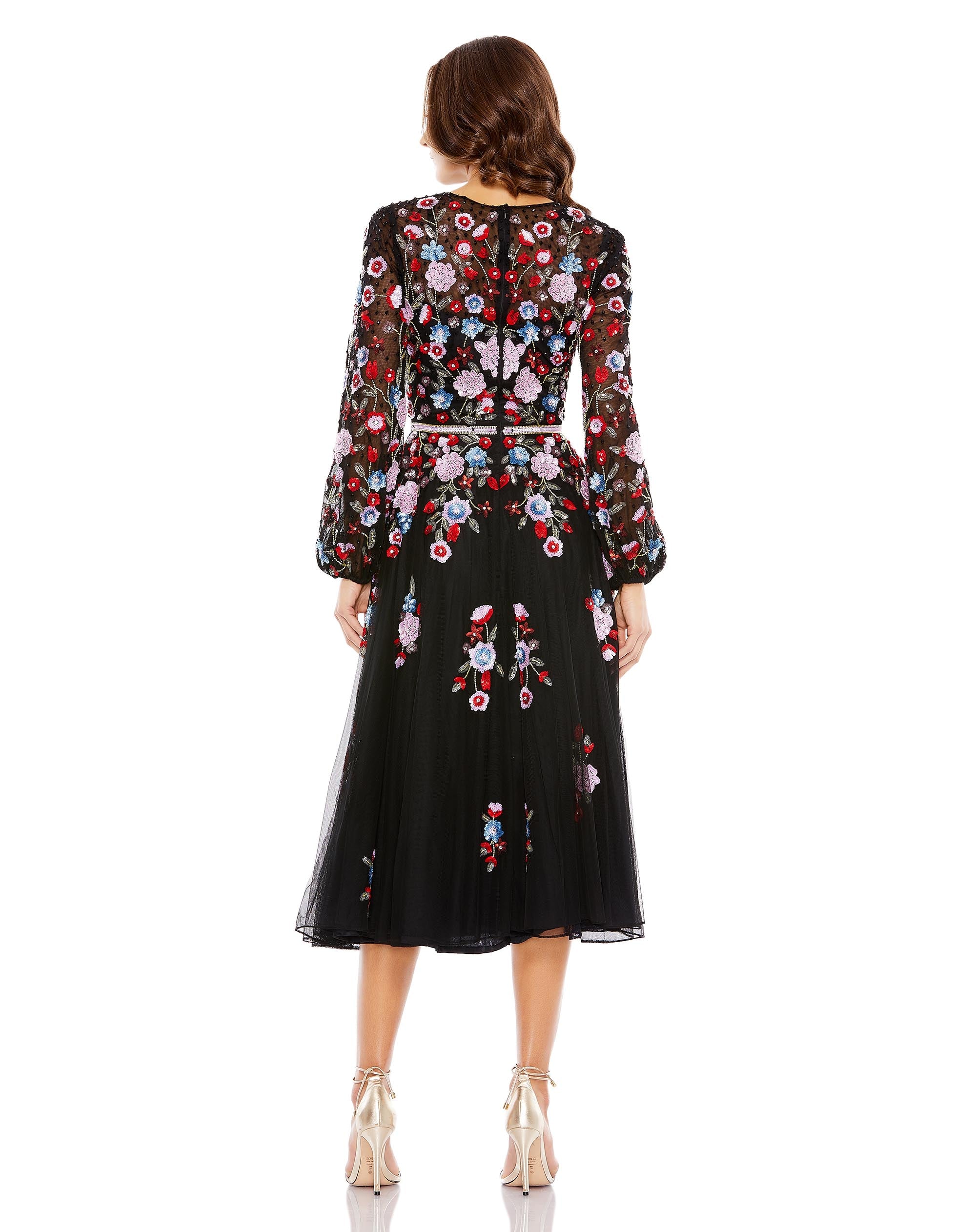 Sequined Floral High Neck Puff Sleeve Cocktail Dress
