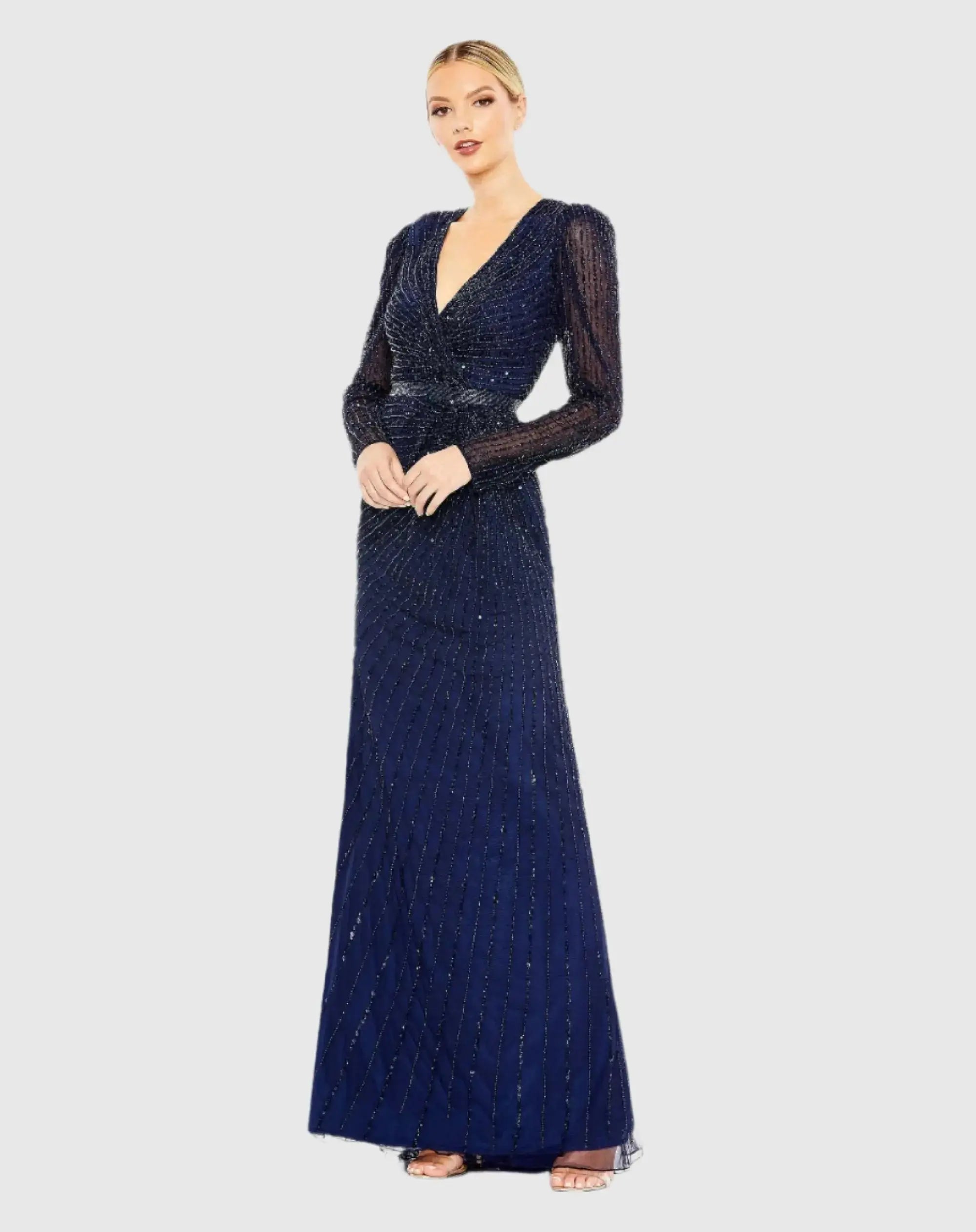 Navy Sequined Wrap Over Long Sleeve Gown - Mac Duggal