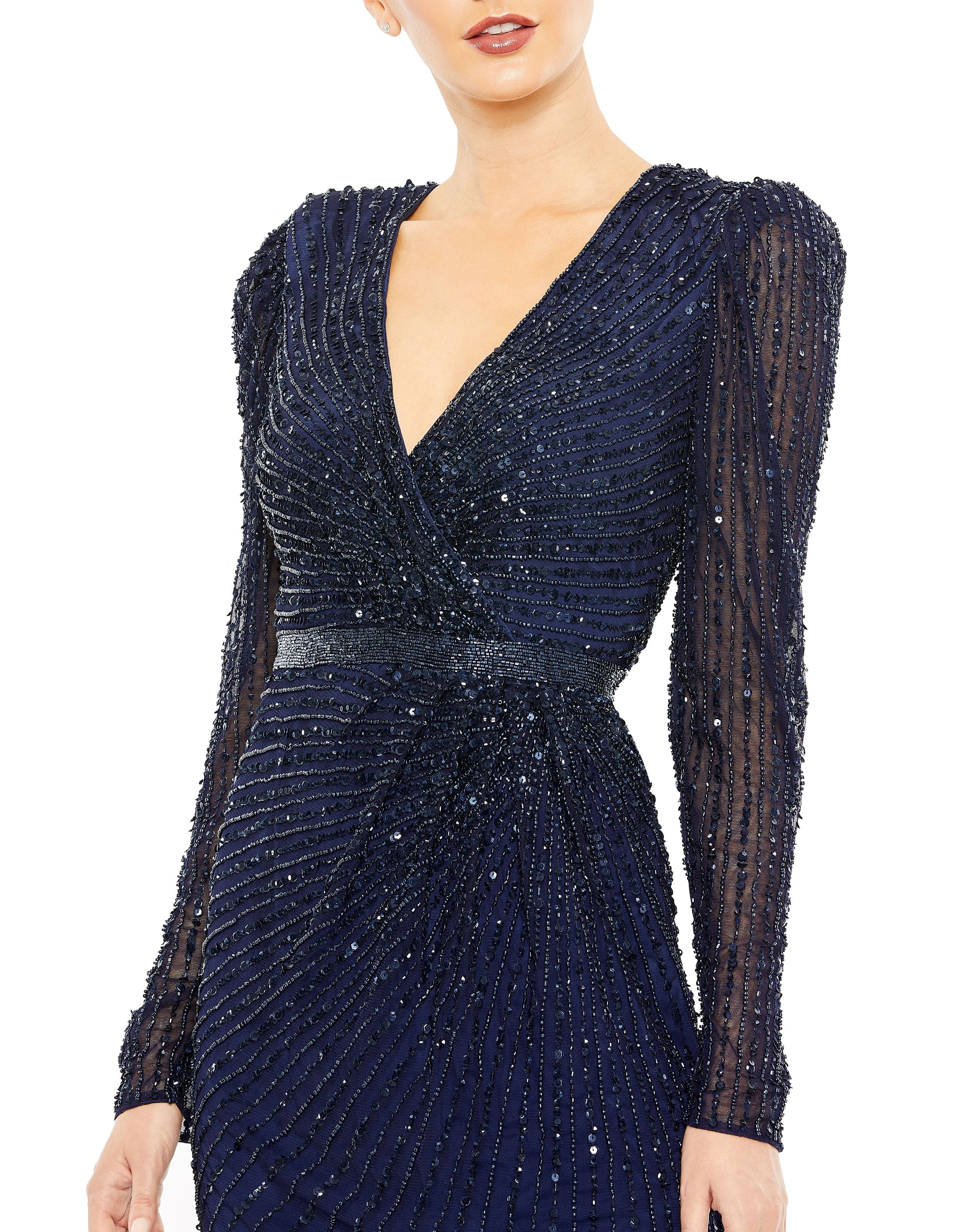 Sequined Wrap Over Long Sleeve Gown