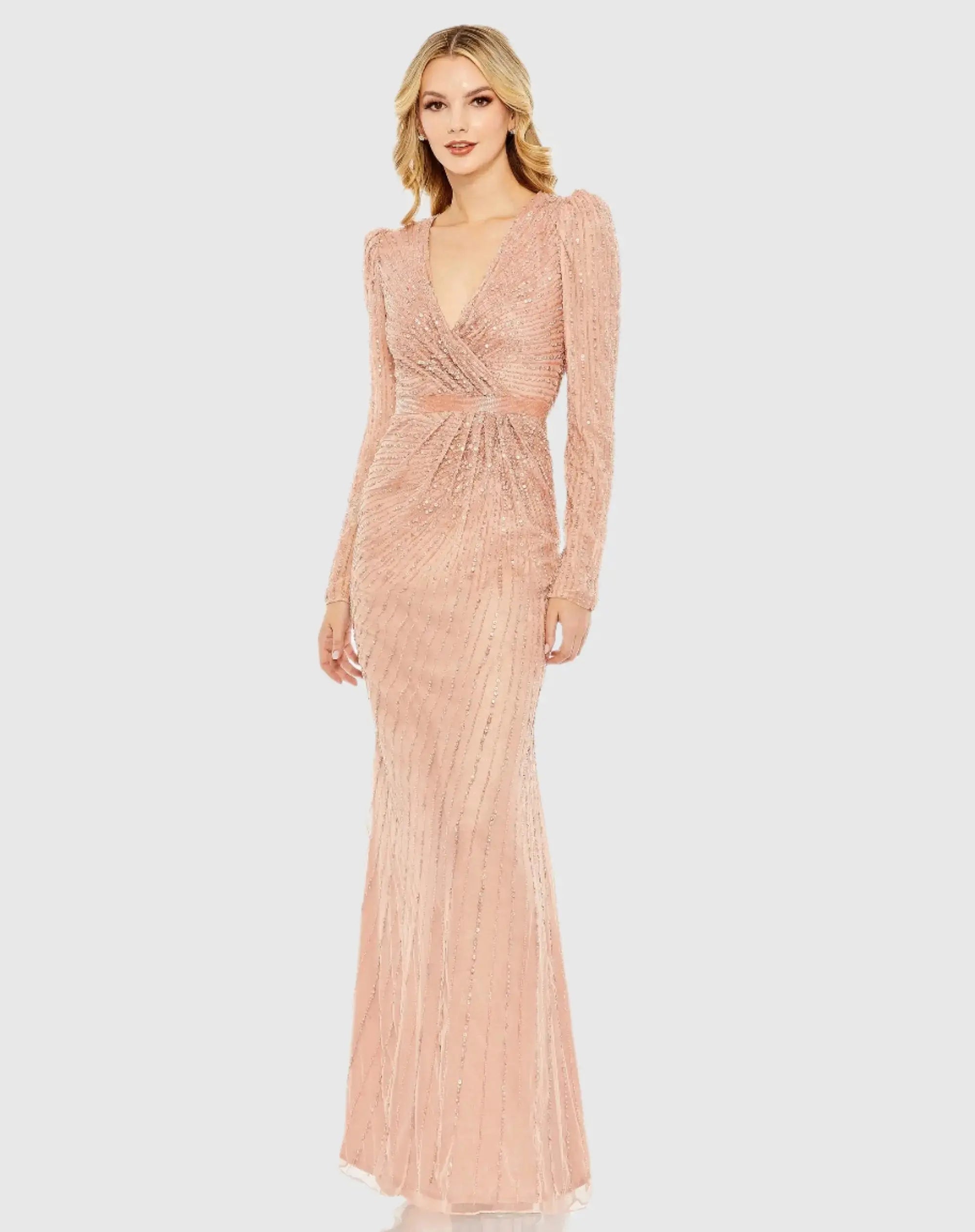 Pink Sequined Wrap Over Long Sleeve Gown - Mac Duggal