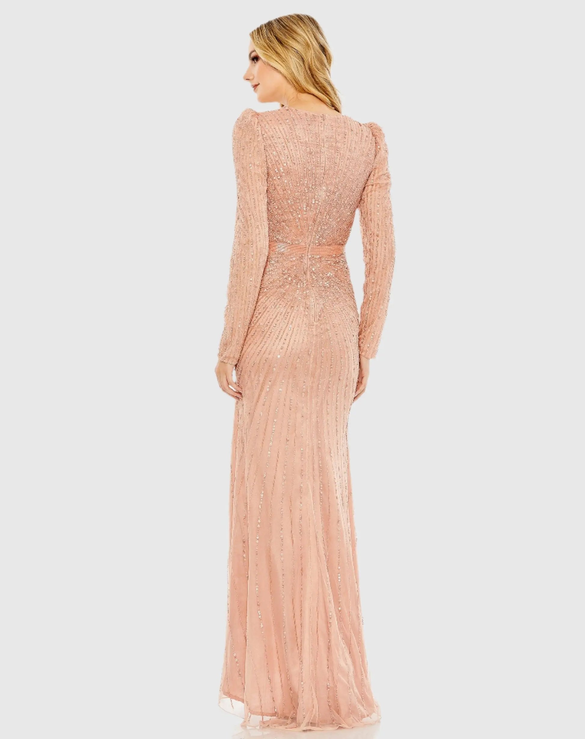 Pink Sequined Wrap Over Long Sleeve Gown - Mac Duggal