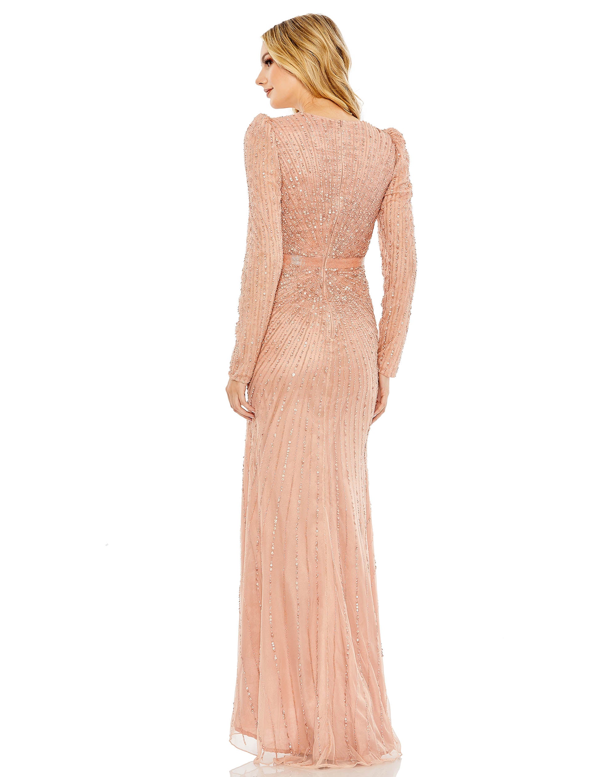 Sequined Wrap Over Long Sleeve Gown