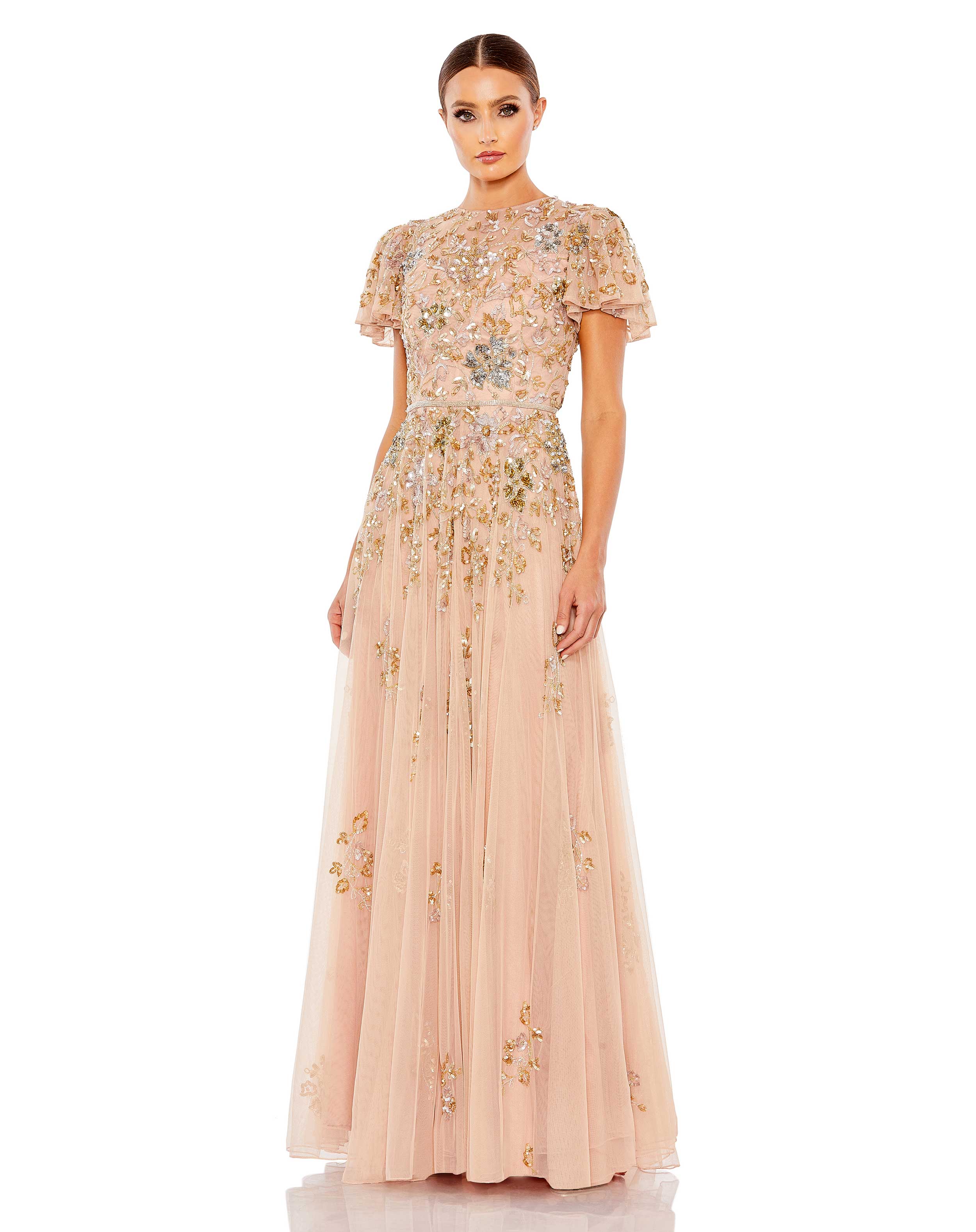 Embellished Butterfly Sleeve High Neck Gown