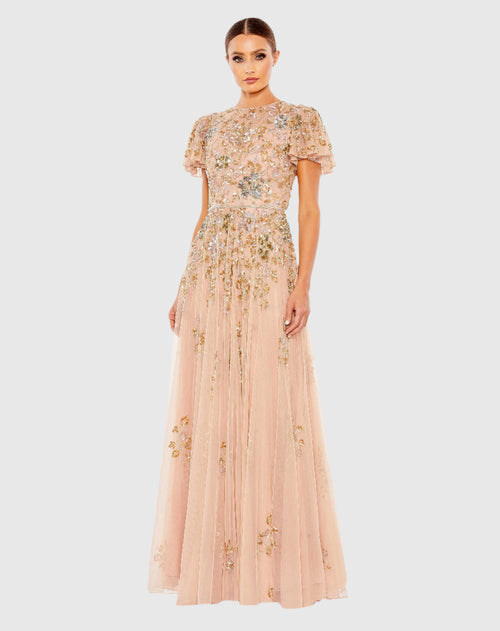 Embellished Butterfly Sleeve High Neck Gown - FINAL SALE