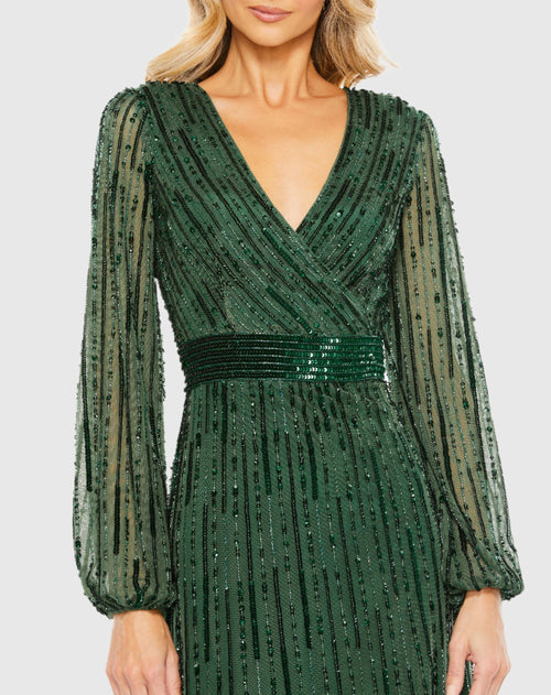 Sequined Wrap Over Puff Sleeve Gown