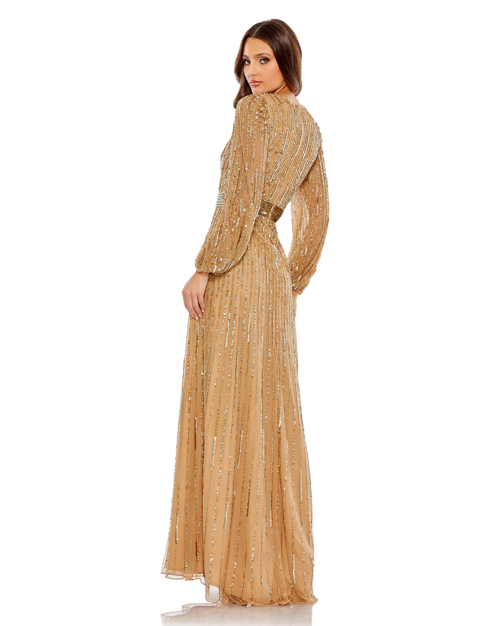 Sequined Wrap Over Puff Sleeve Gown