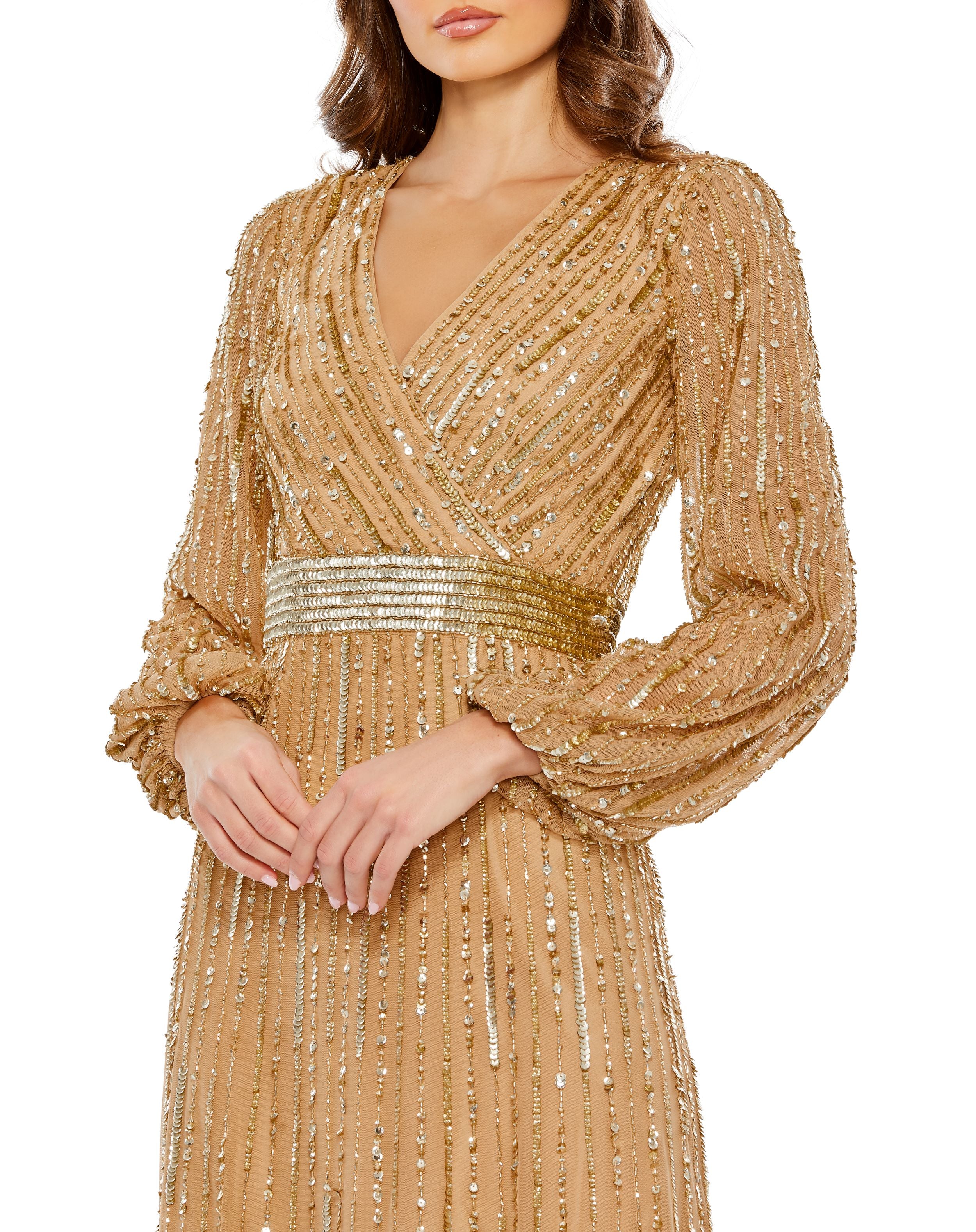Sequined Wrap Over Puff Sleeve Gown
