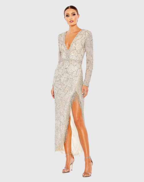 Embellished Long Sleeve V Neck Beaded Hem Gown