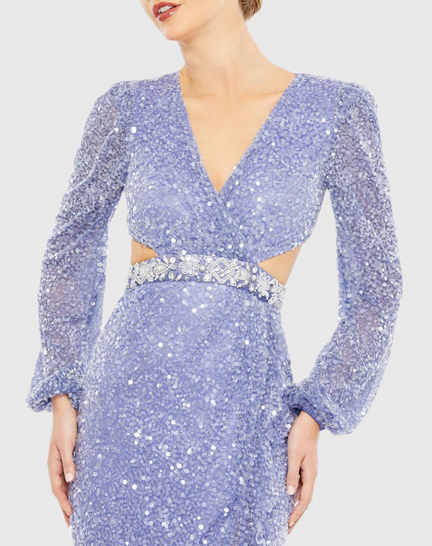 Sequined Faux Wrap Cut Out Puff Sleeve Gown