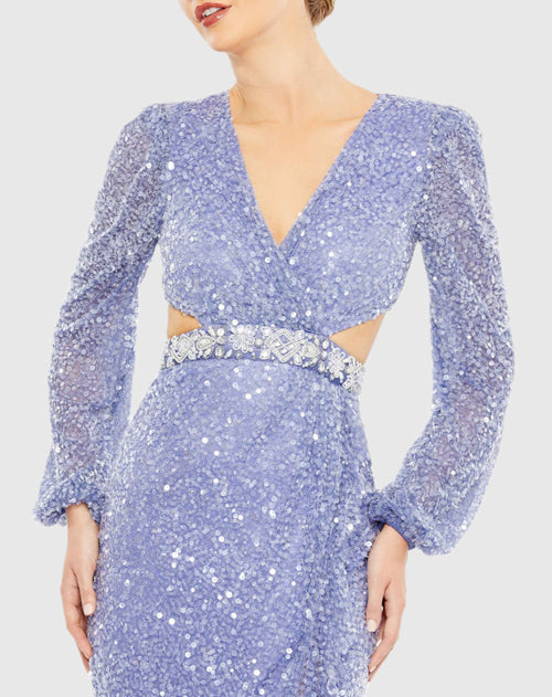 Sequined Faux Wrap Cut Out Puff Sleeve Gown