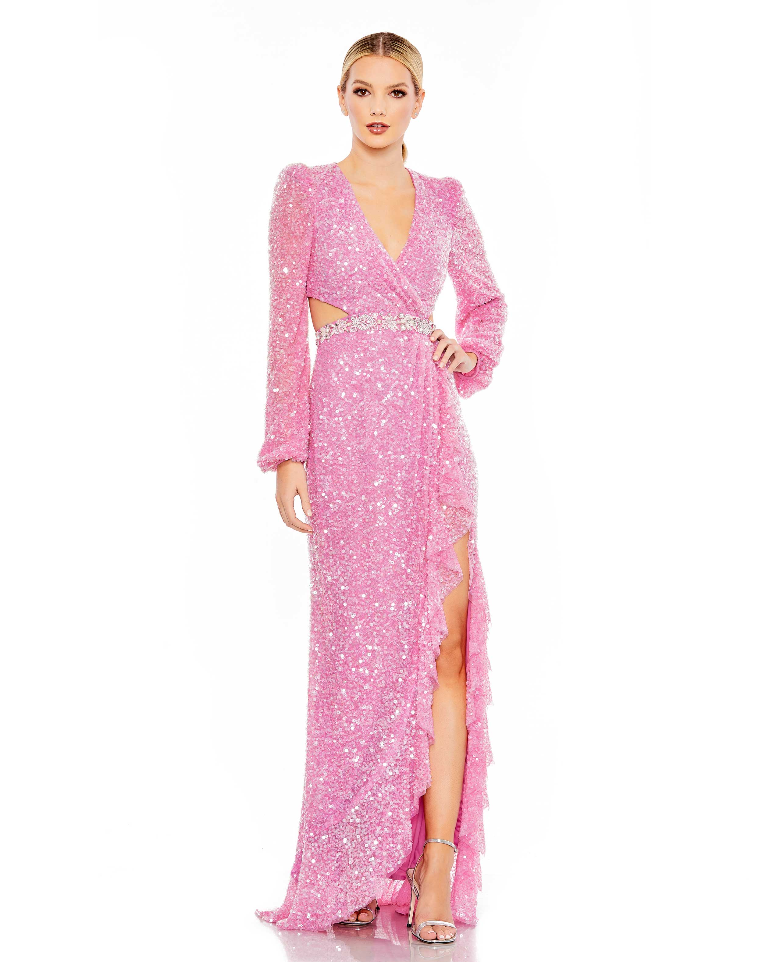 Sequined Faux Wrap Cut Out Puff Sleeve Gown