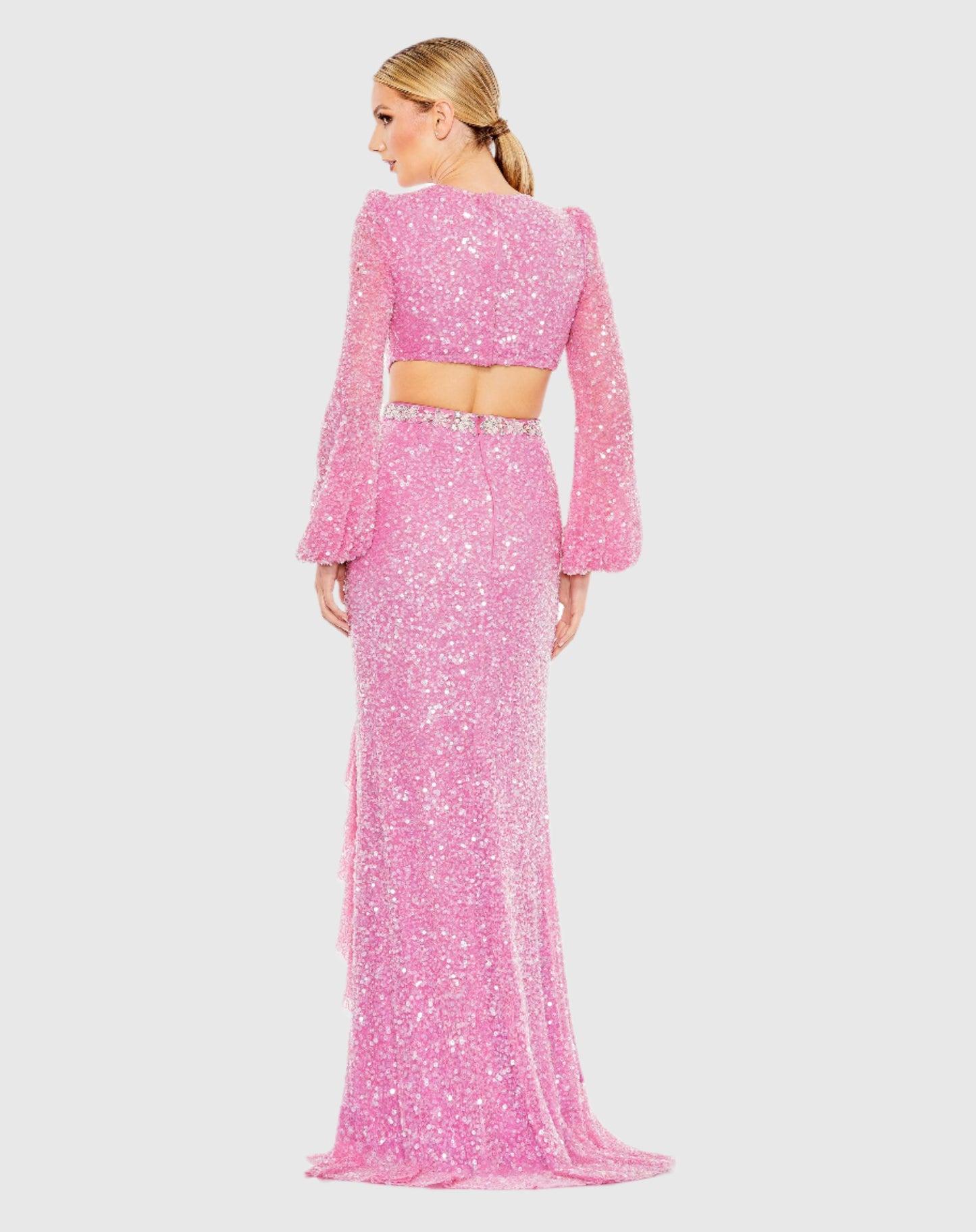 Sequined Faux Wrap Cut Out Puff Sleeve Gown