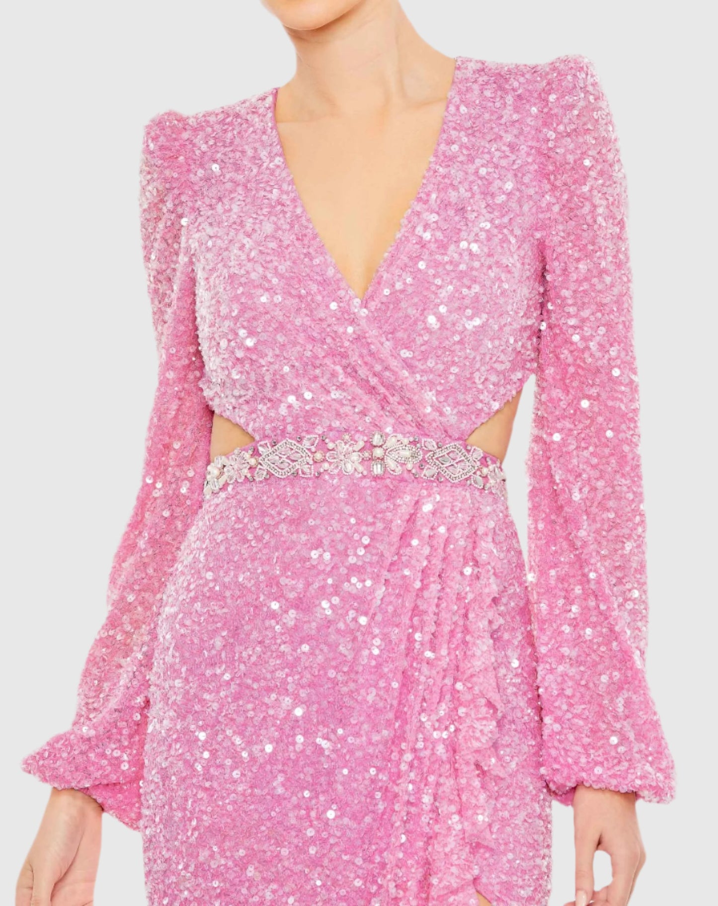 Sequined Faux Wrap Cut Out Puff Sleeve Gown