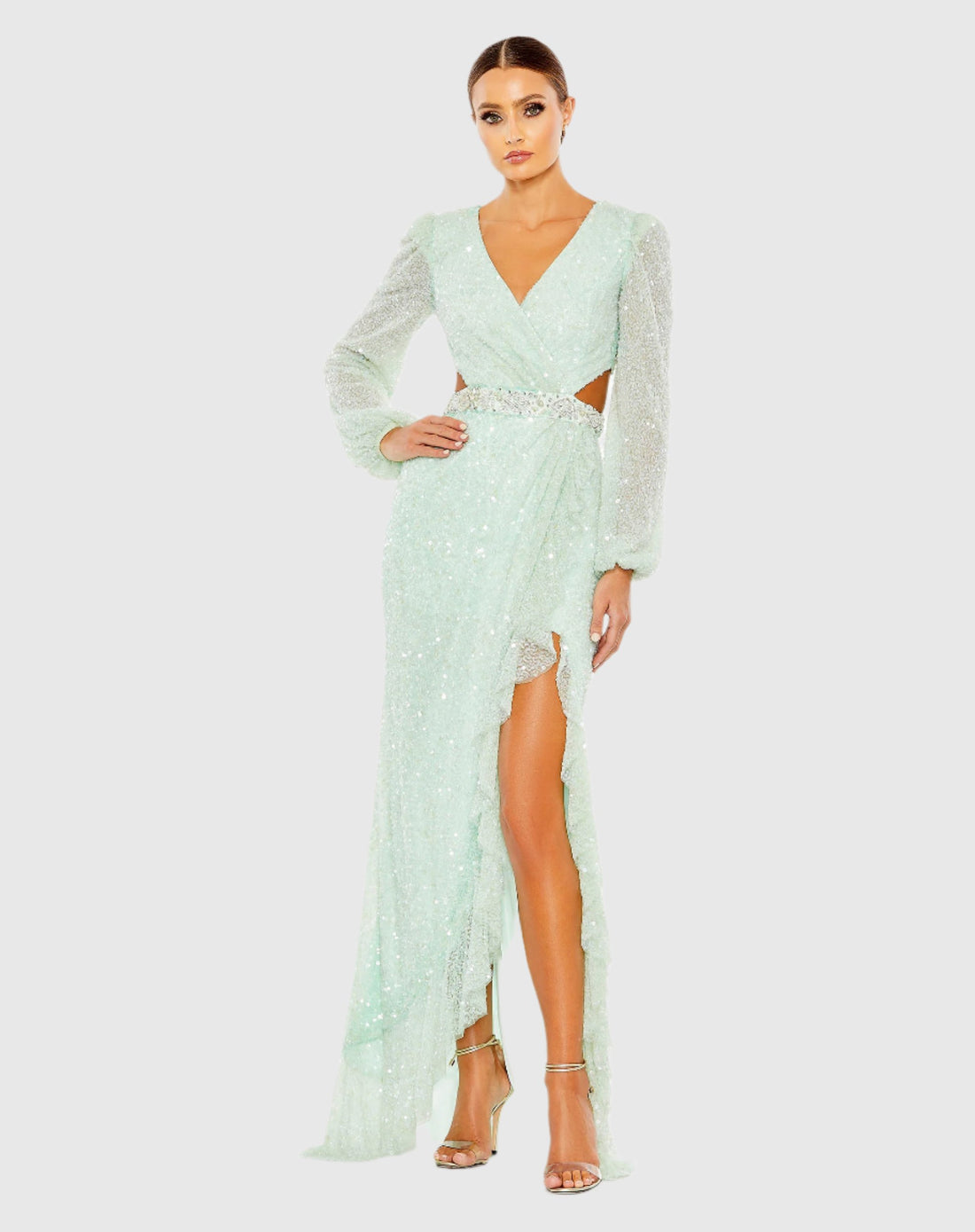 Sequined Faux Wrap Cut Out Puff Sleeve Gown