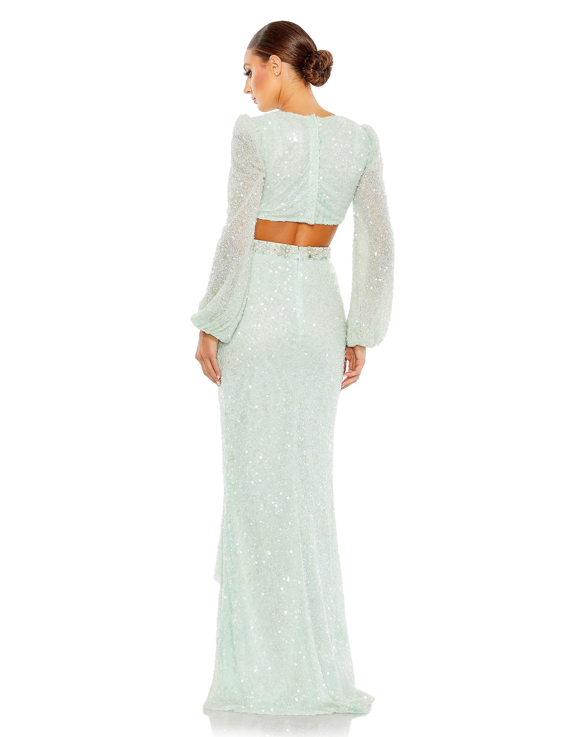 Sequined Faux Wrap Cut Out Puff Sleeve Gown