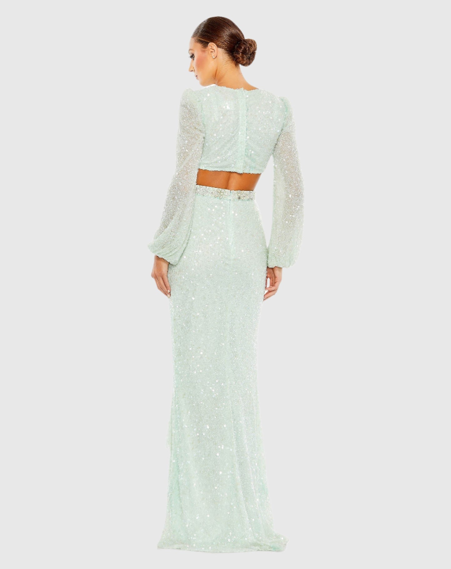 Sequined Faux Wrap Cut Out Puff Sleeve Gown