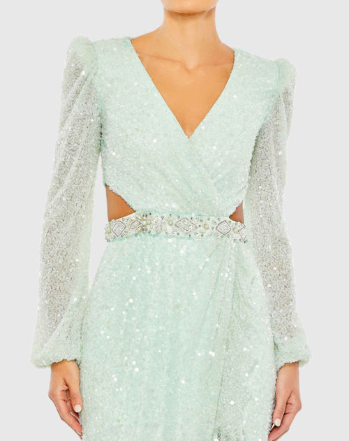 Sequined Faux Wrap Cut Out Puff Sleeve Gown