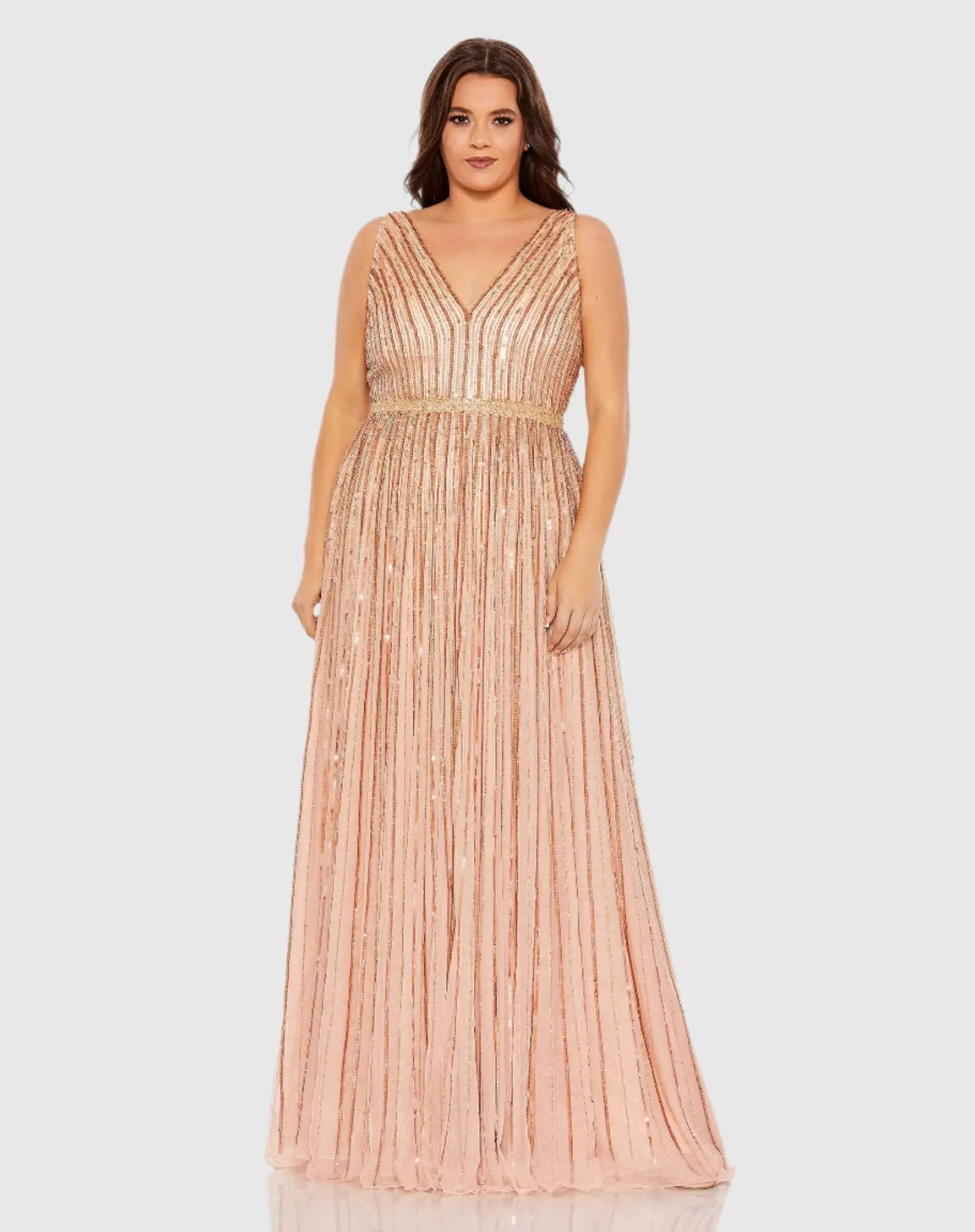 Pink Sequined Striped Sleeveless V Neck A Line Gown