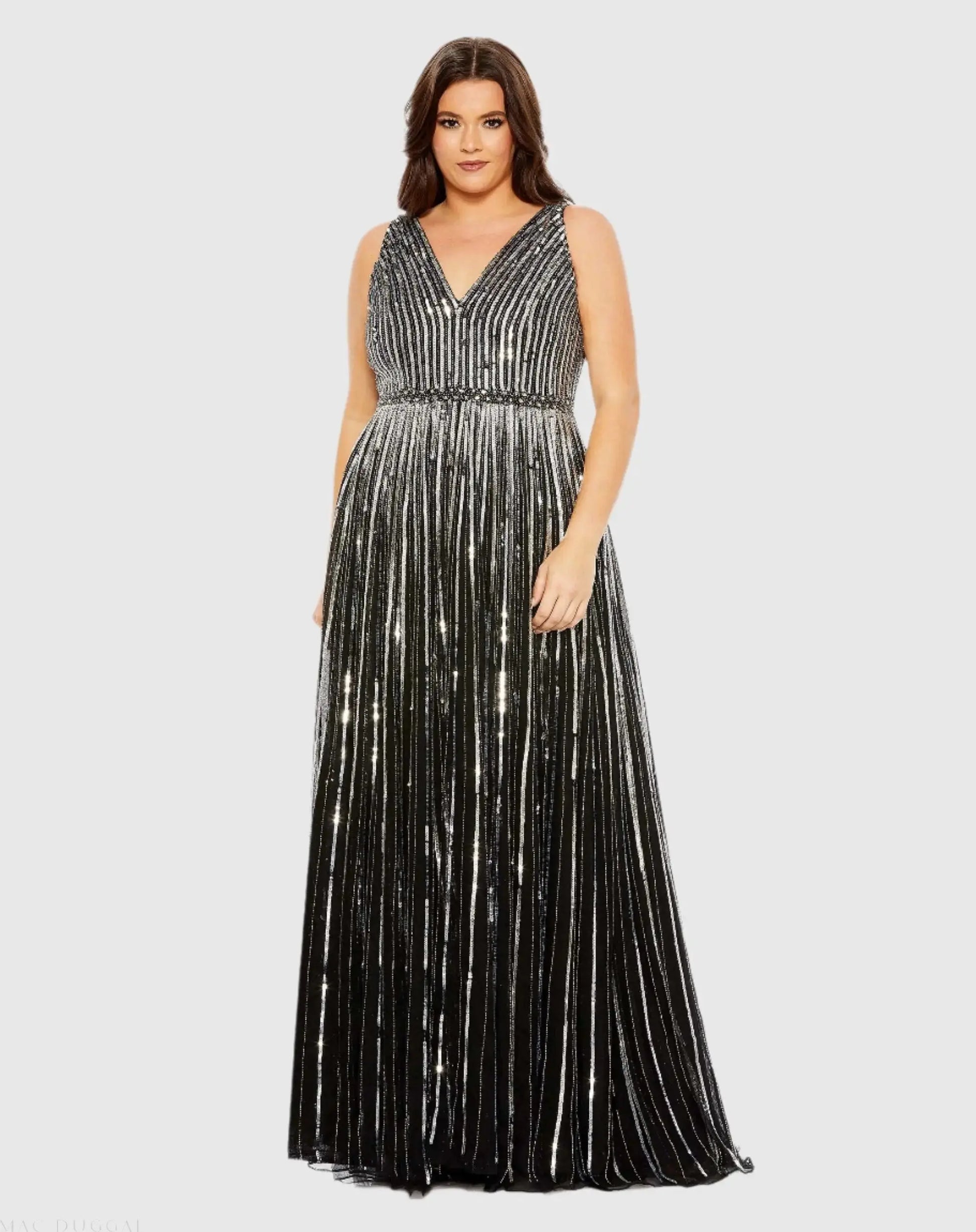 Black and Silver Sequined Striped Sleeveless V Neck A Line Gown