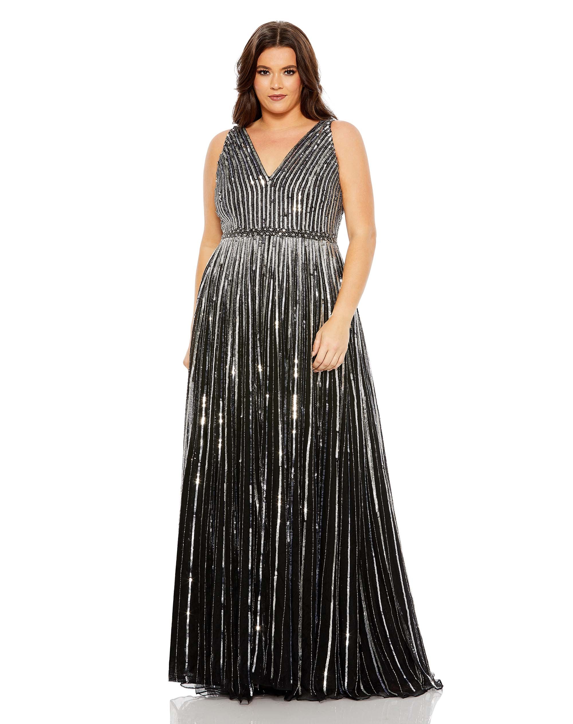 Sequined Striped Sleeveless V Neck A Line Gown (Plus)