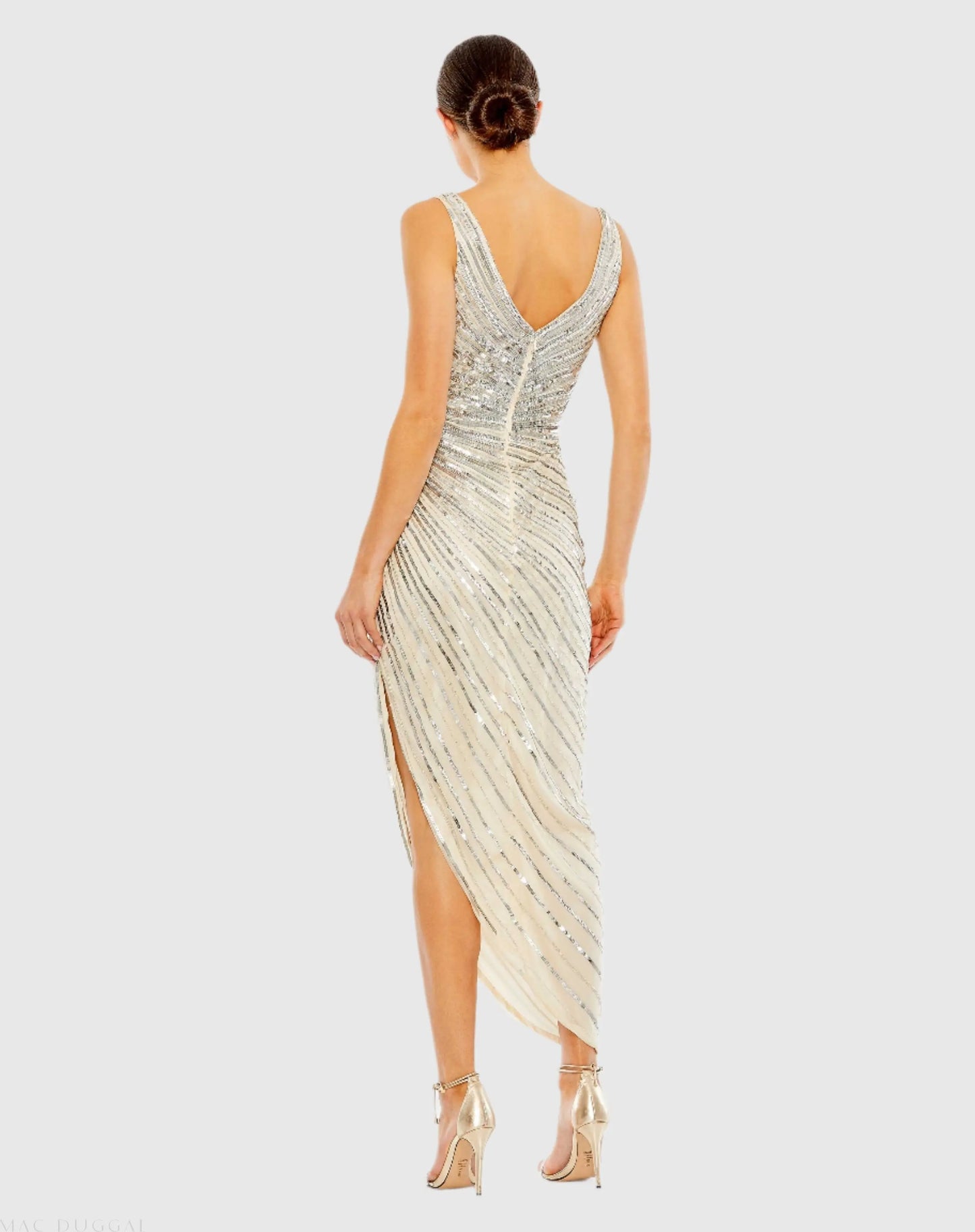 Silver Sequined Faux Wrap Sleeveless Midi Dress - Mac Duggal