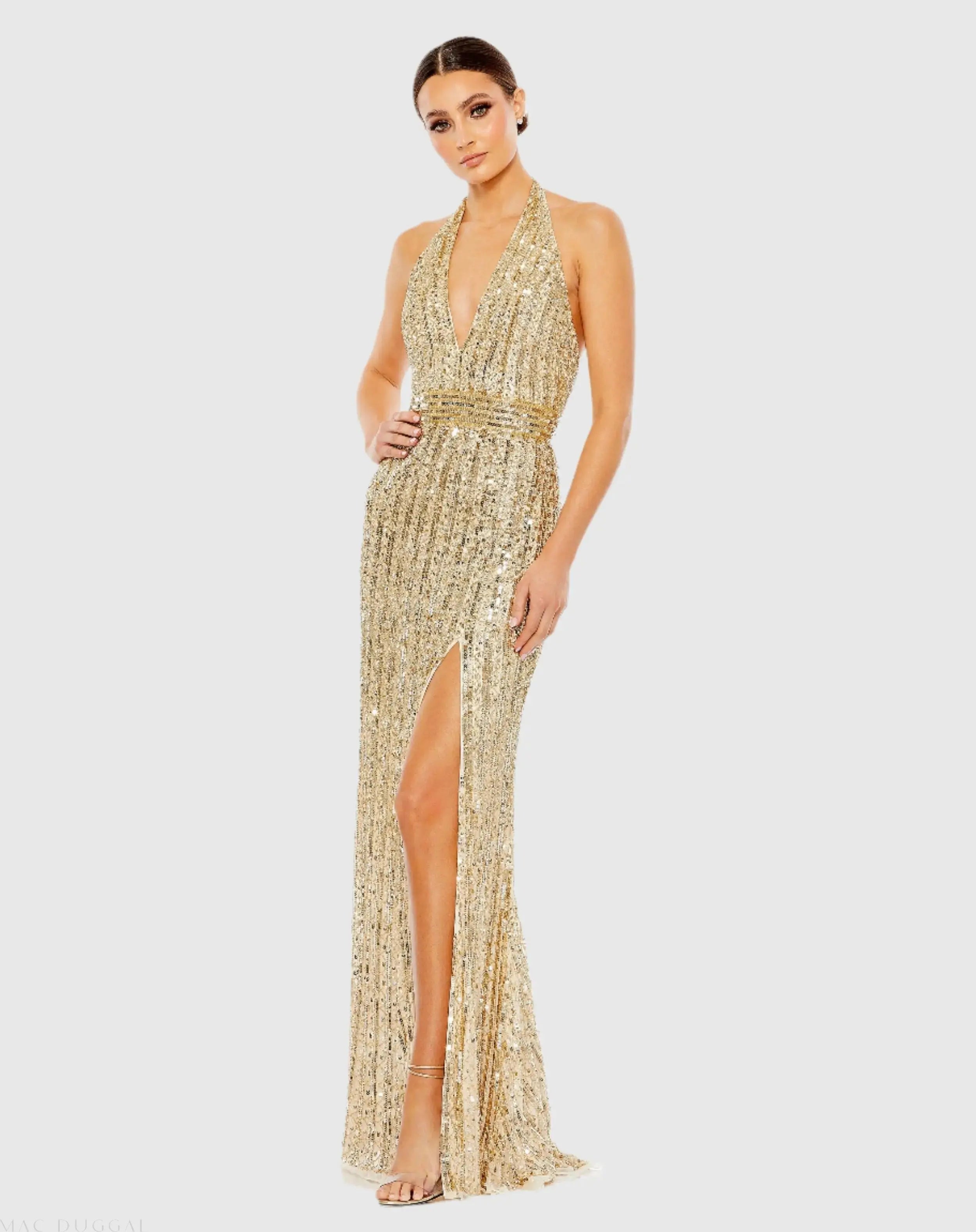Gold Sequined Halter Strap Trumpet Gown - Mac Duggal