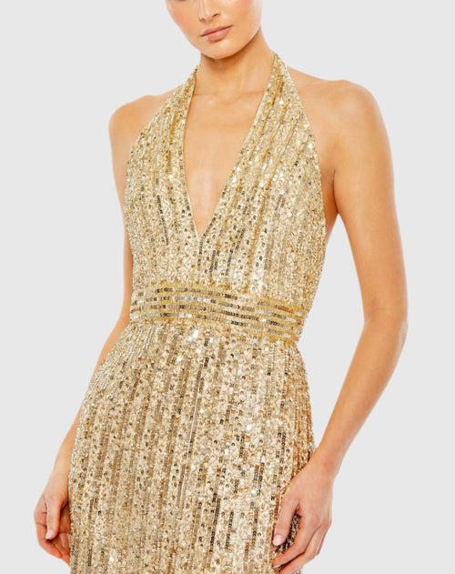 Sequined Halter Strap Trumpet Gown