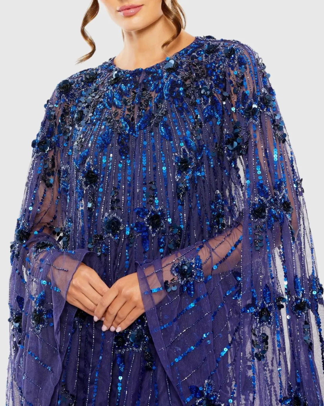 Blue High Neck Embellished Trapeze Dress - Mac Duggal