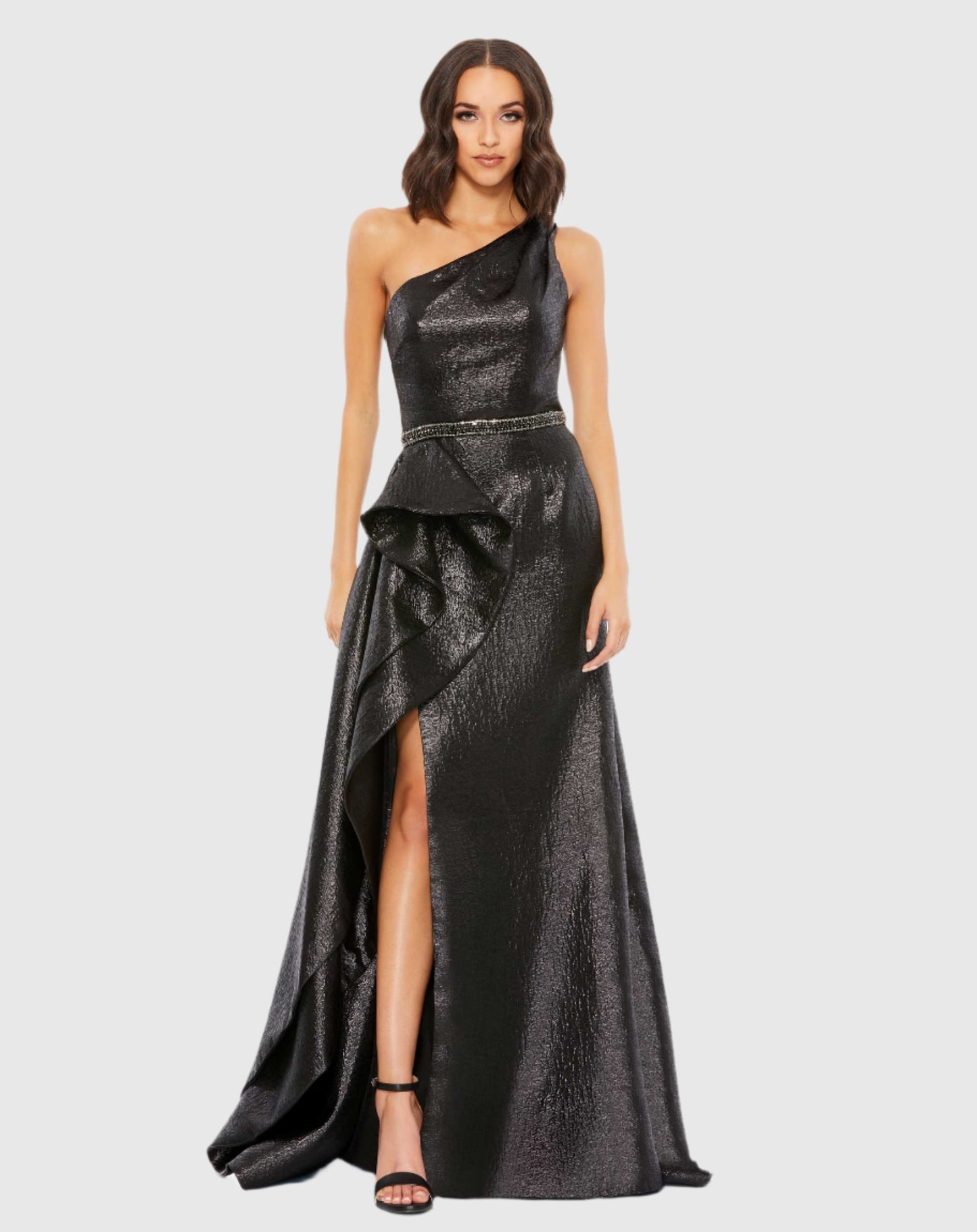 One Shoulder Metallic Ruffled Evening Gown