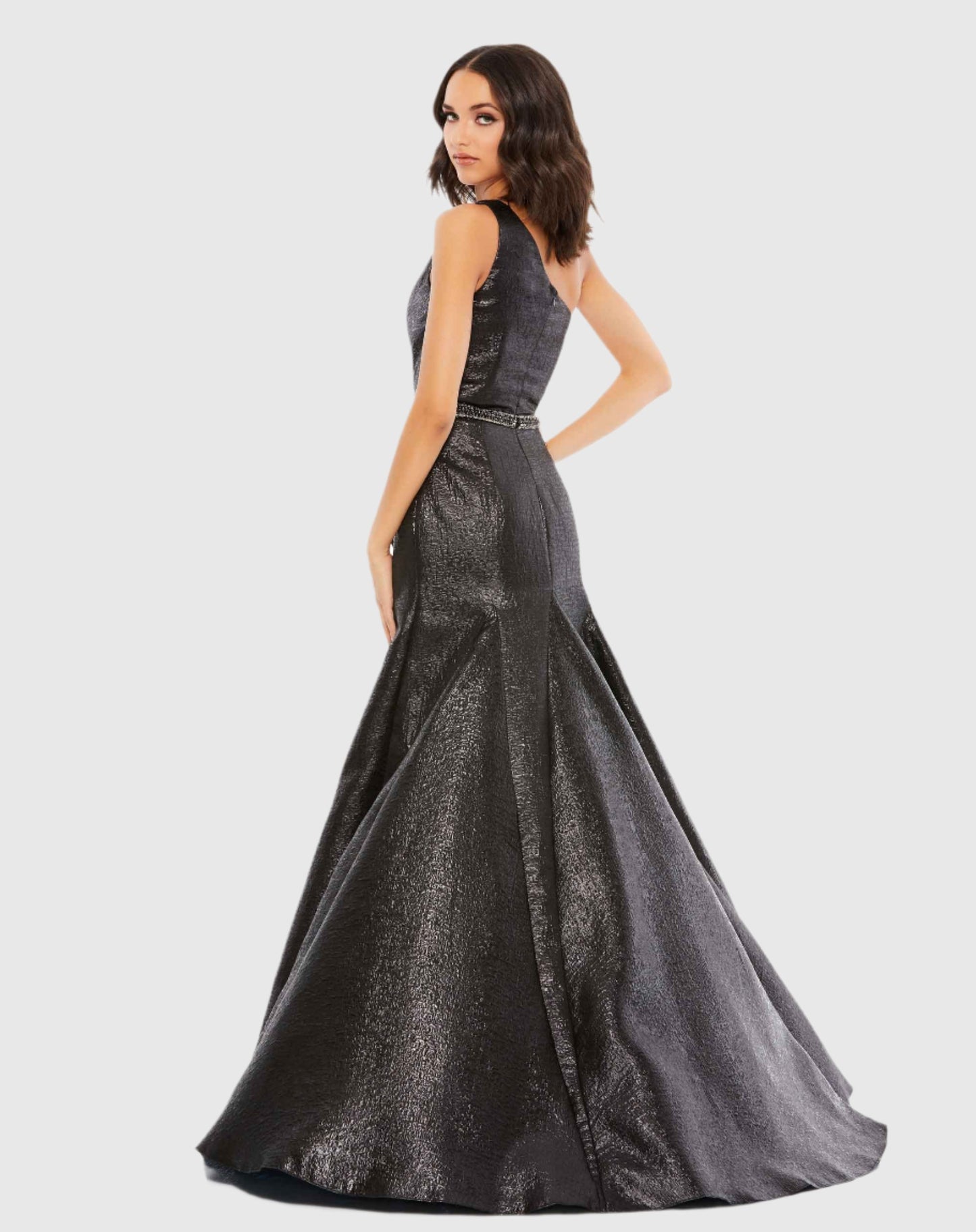 Robe de soirée asymétrique à volants métallisés