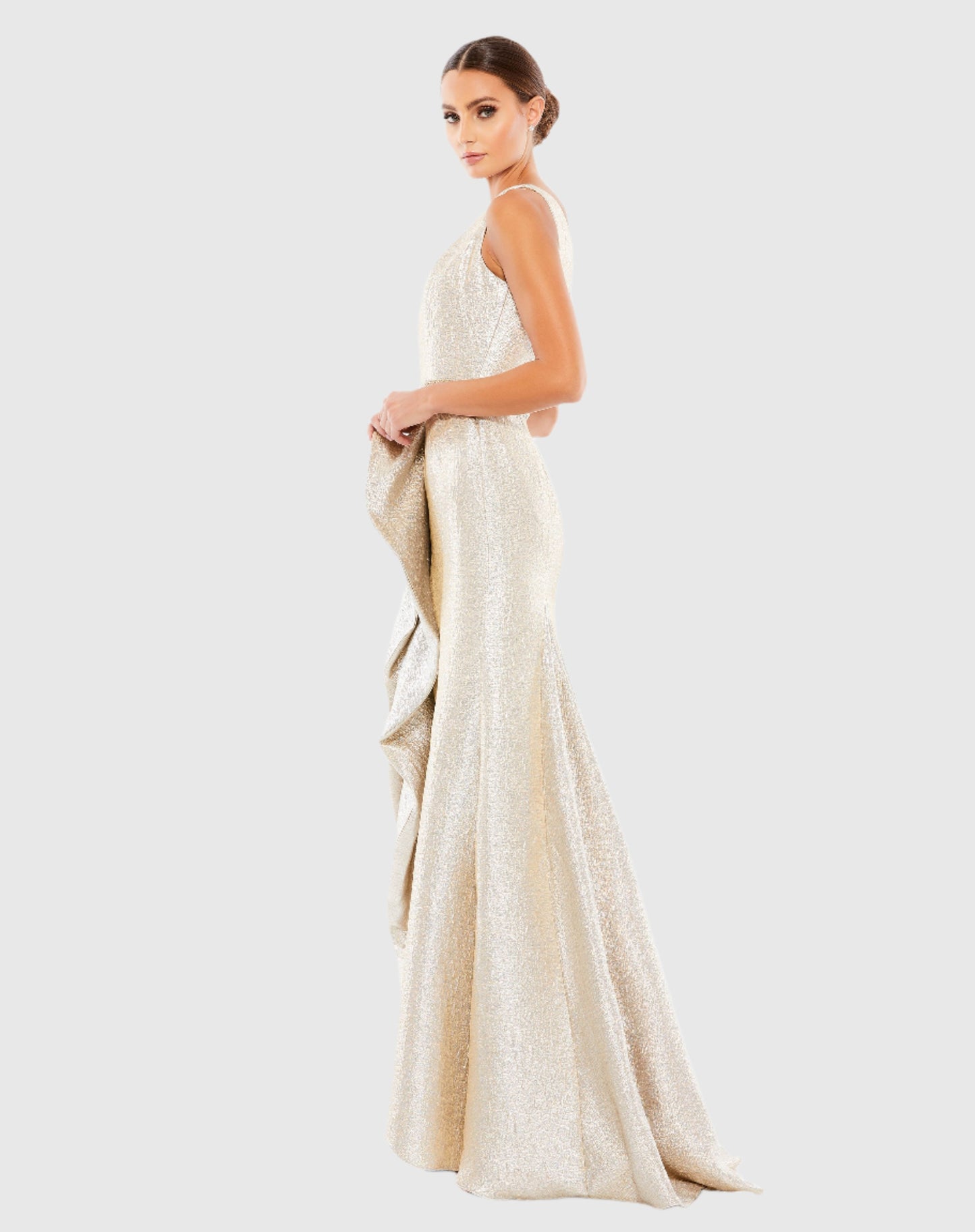 One Shoulder Metallic Ruffled Evening Gown (Rue Gilt) Mac Duggal