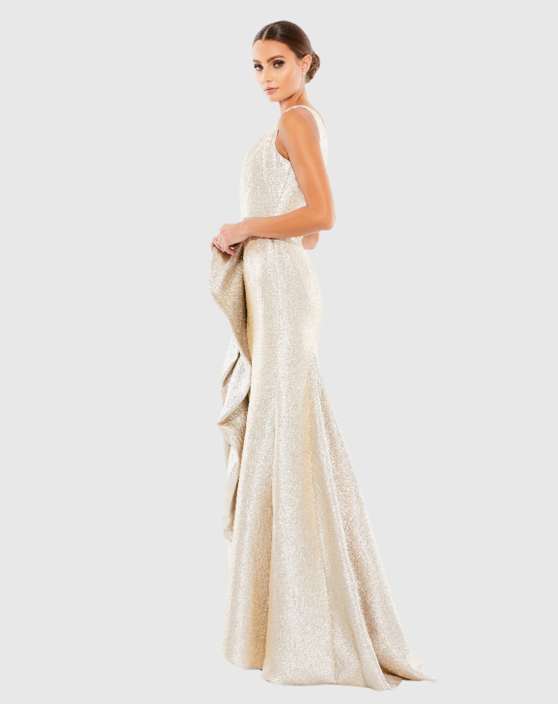 One Shoulder Metallic Ruffled Evening Gown (Rue Gilt) Mac Duggal