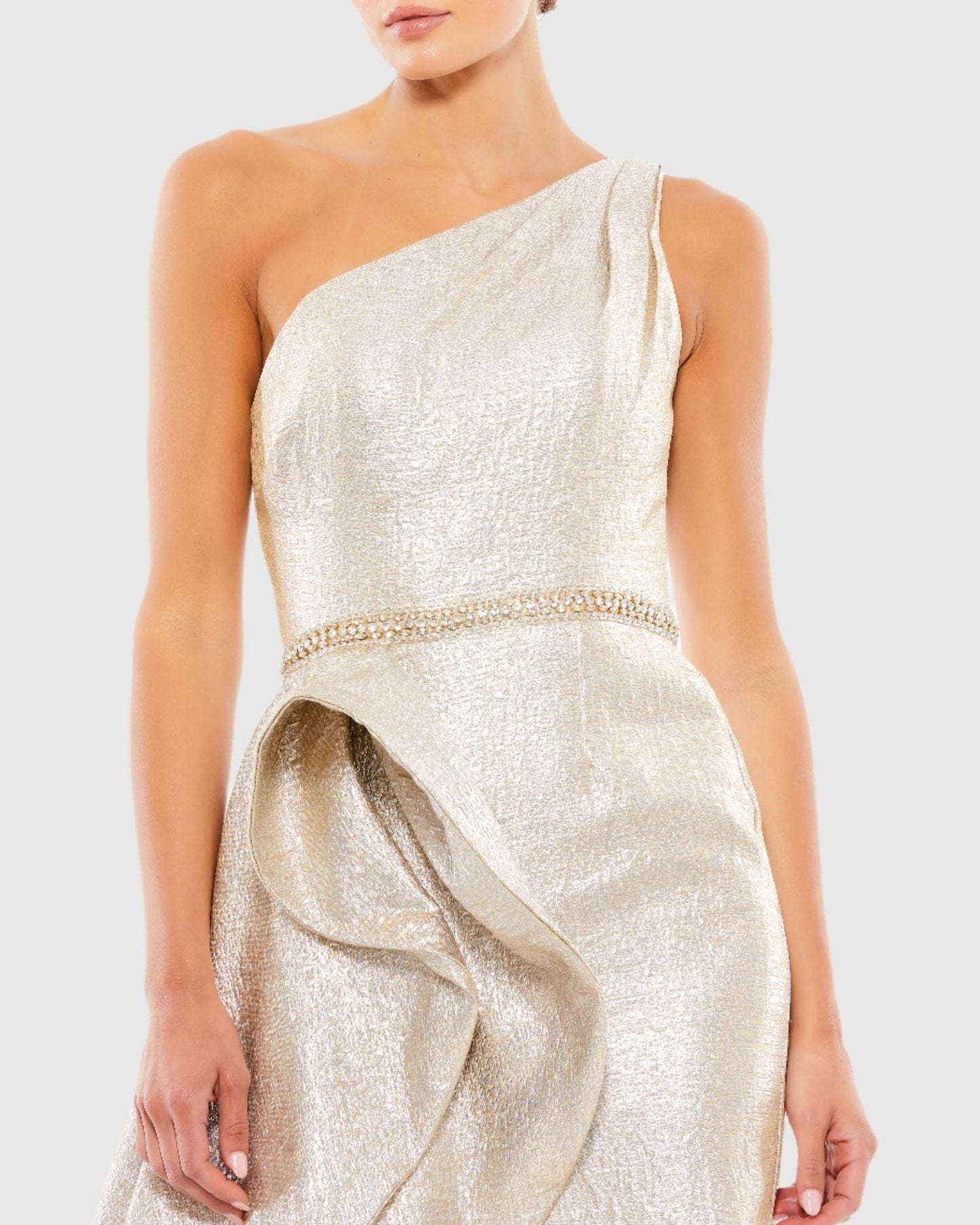 One Shoulder Metallic Ruffled Evening Gown (Rue Gilt) Mac Duggal