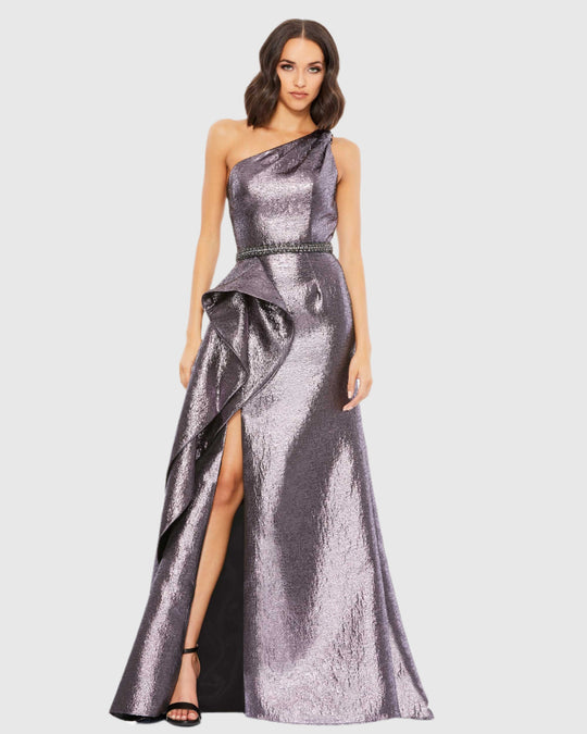 One Shoulder Metallic Ruffled Evening Gown – Mac Duggal