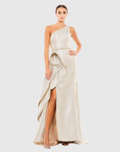 One Shoulder Metallic Ruffled Evening Gown