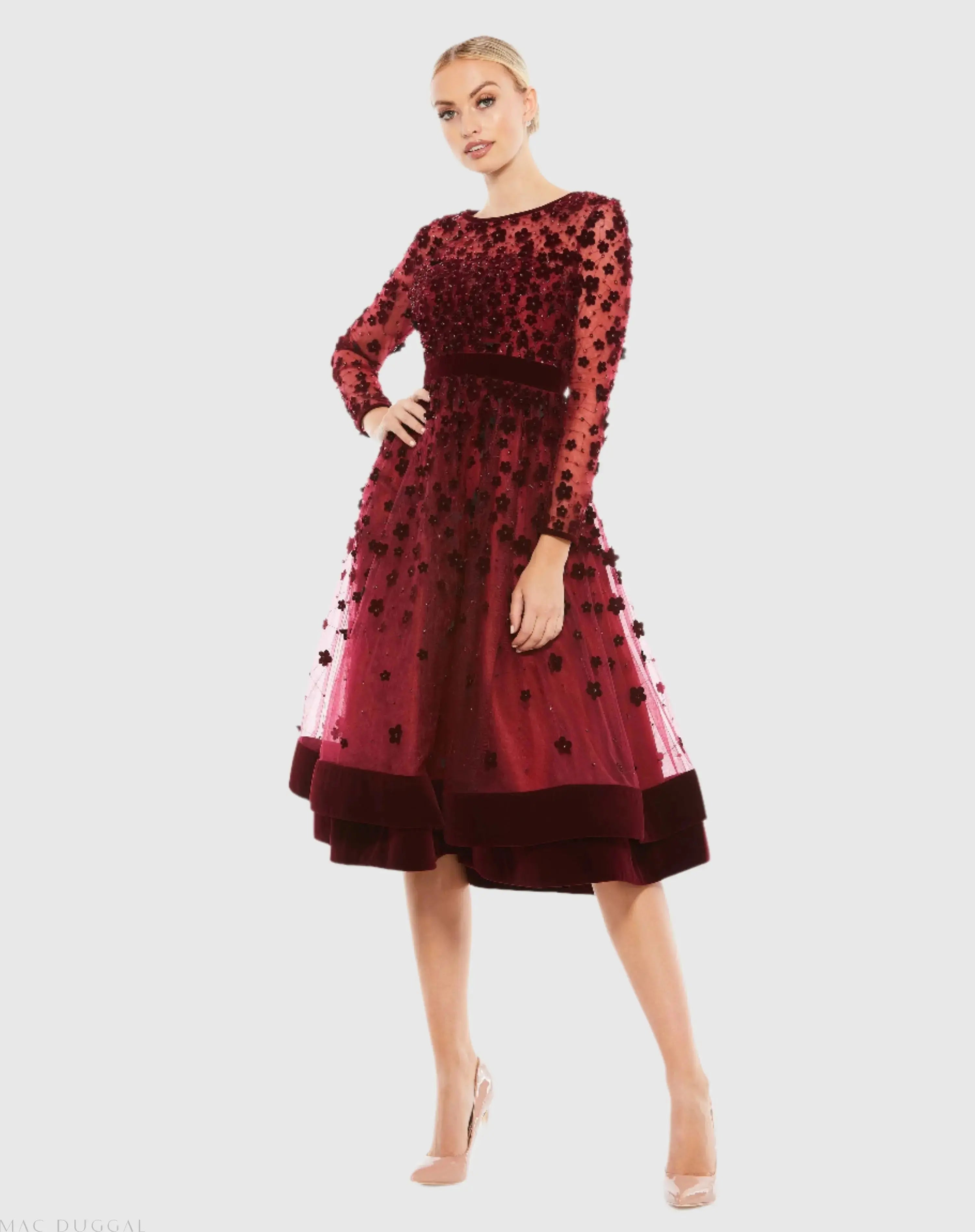 Red Embellished Illusion High Neck Long Sleeve Fit & Flare Dress - Mac Duggal