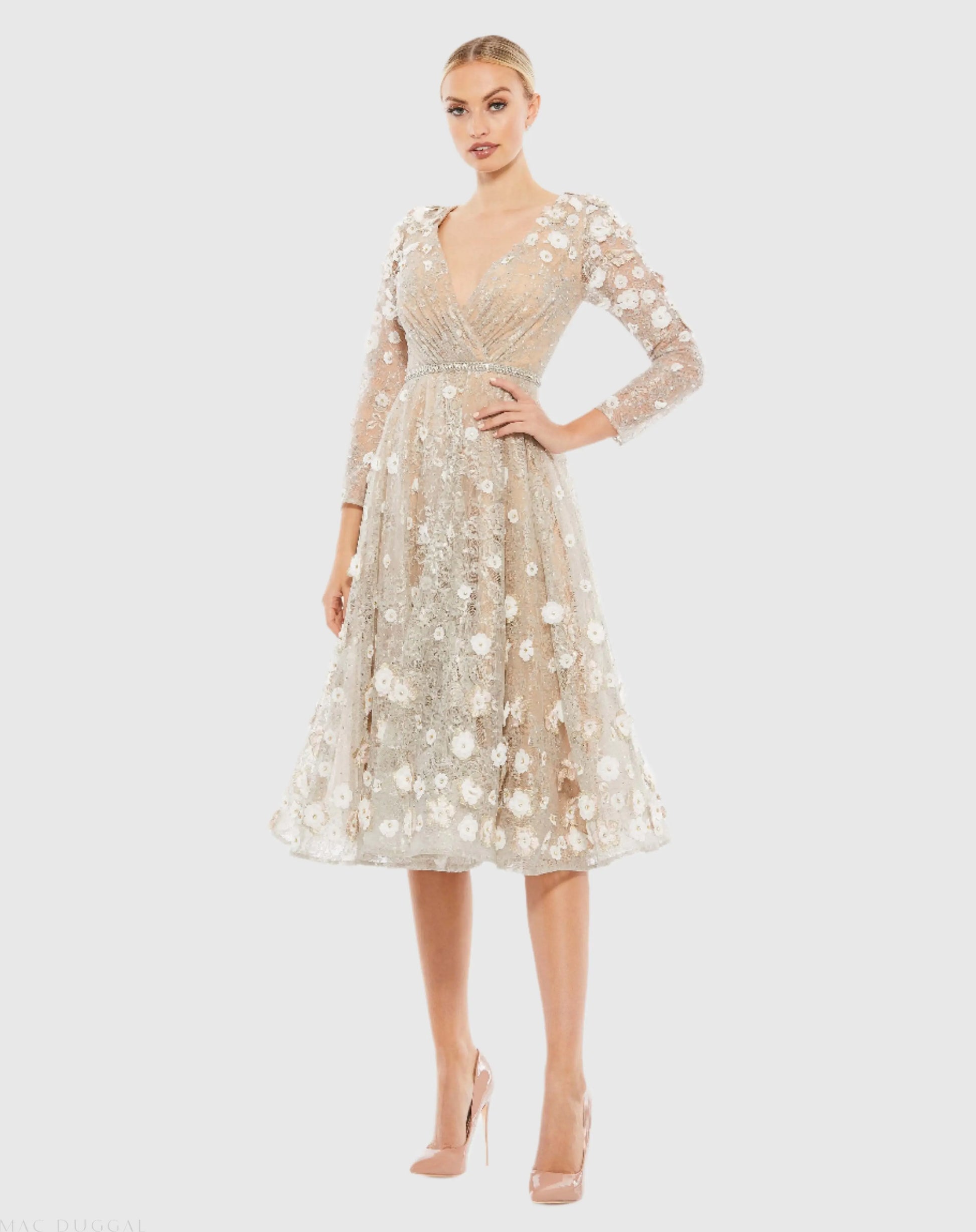 Floral Embellished Lace A-Line Cocktail Dress - Mac Duggal Floral Embellished Lace A-Line Cocktail Dress - Mac Duggal