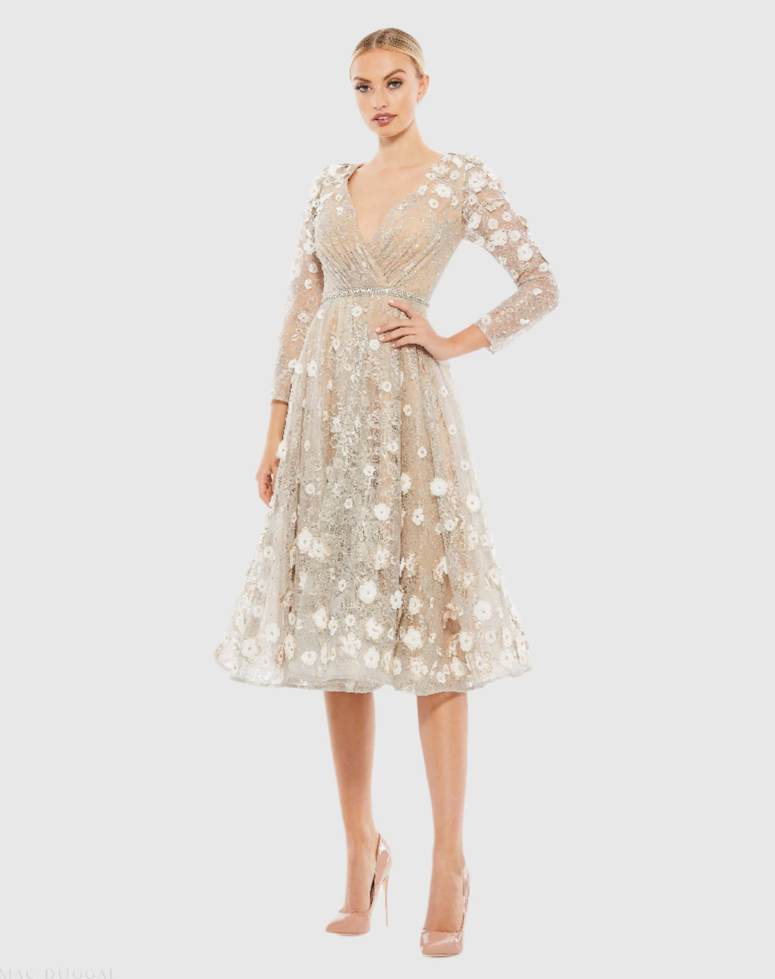 Beige Floral Embellished Lace A-Line Cocktail Dress - Mac Duggal