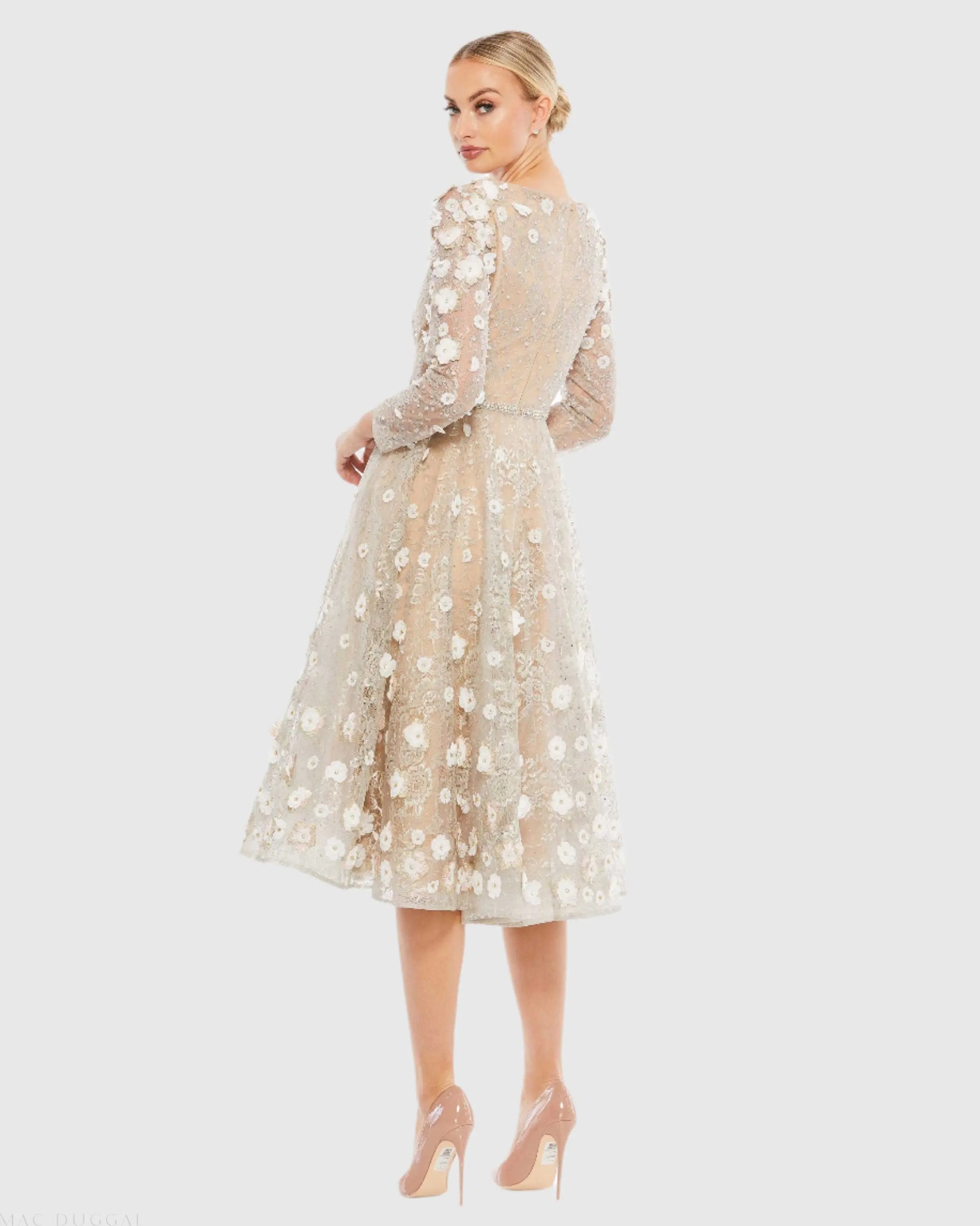 beige cocktail dress Floral Embellished Lace A-Line Cocktail Dress