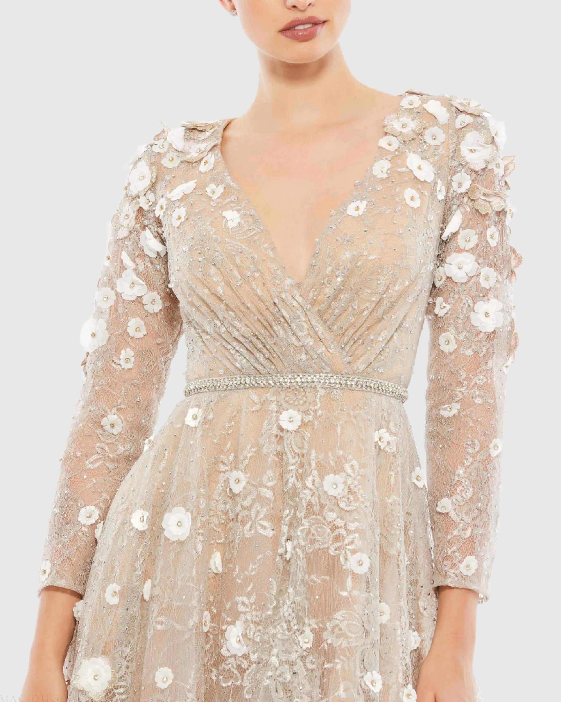 Beige Floral Embellished Lace A-Line Cocktail Dress - Mac Duggal