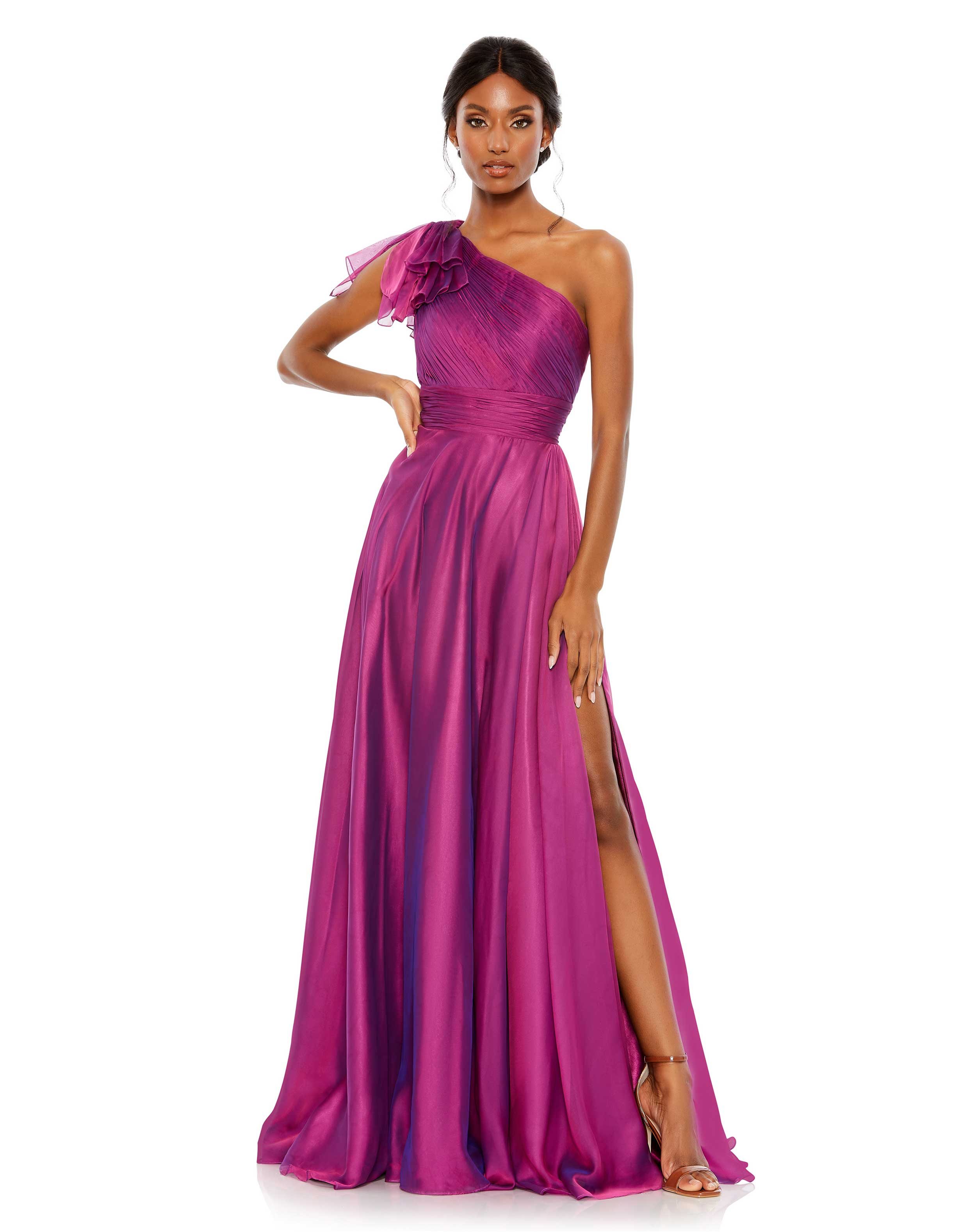 Pleated One Shoulder Chiffon Gown